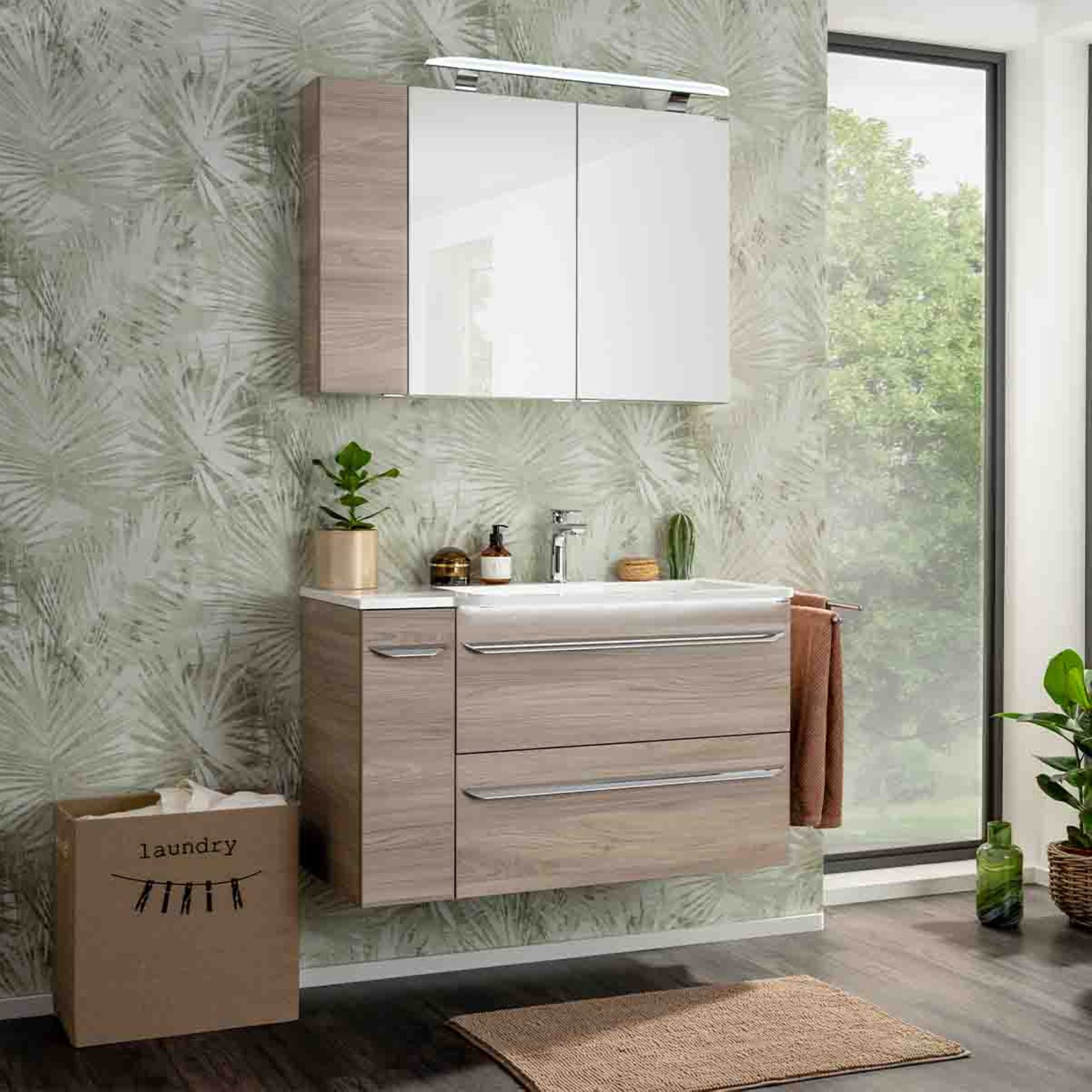 FACKELMANN LUXOR Waschbecken mit Unterschrank 100 cm breit, Braun hell, Waschbecken Gussmarmor Weiß + Unterschrank Türanschlag links