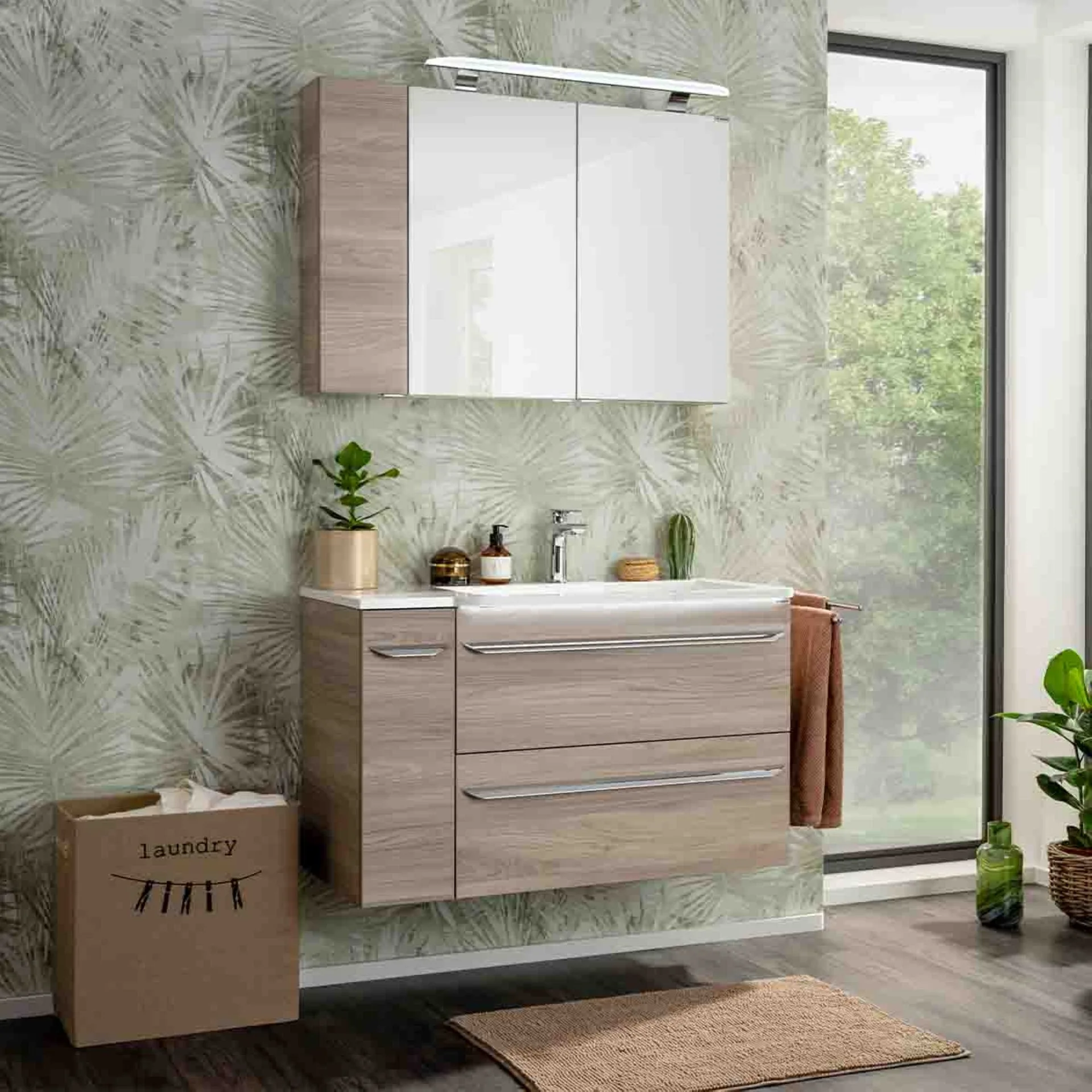 FACKELMANN LUXOR Waschbecken mit Unterschrank 100 cm breit, Braun hell, Waschbecken Gussmarmor Weiß + Unterschrank Türanschlag links