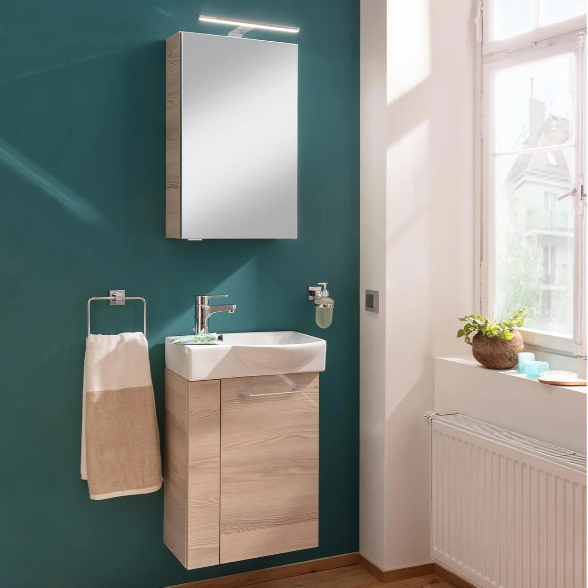 FACKELMANN SBC B.CLEVER Gäste WC Waschtisch Set 45 cm breit, Braun hell, Waschbecken Keramik Weiß, Türanschlag rechts