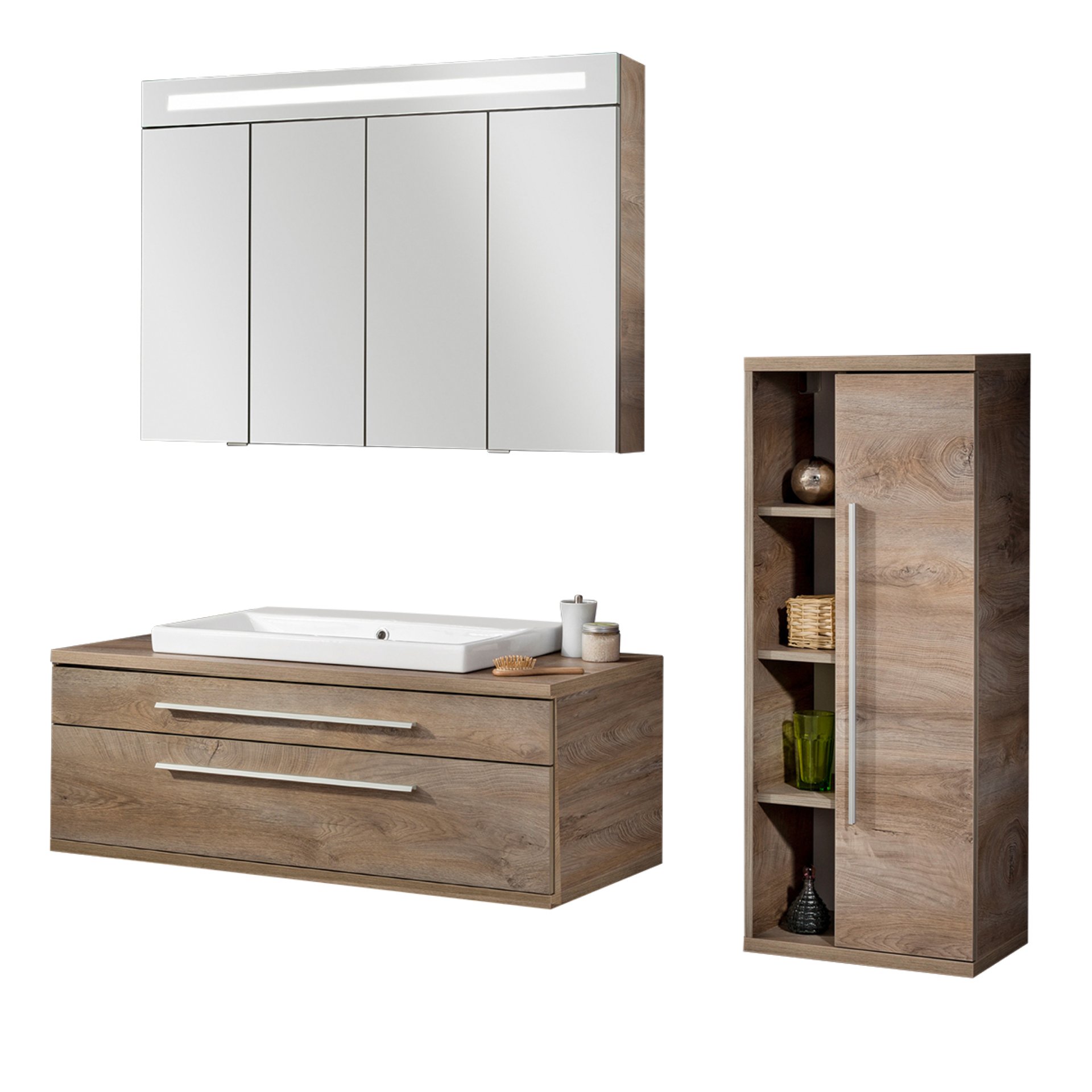 Fackelmann STANFORD Badmöbel Set 4-teilig, 110 cm breit, Braun, Keramik+Spiegelschrank+Midischrank r.