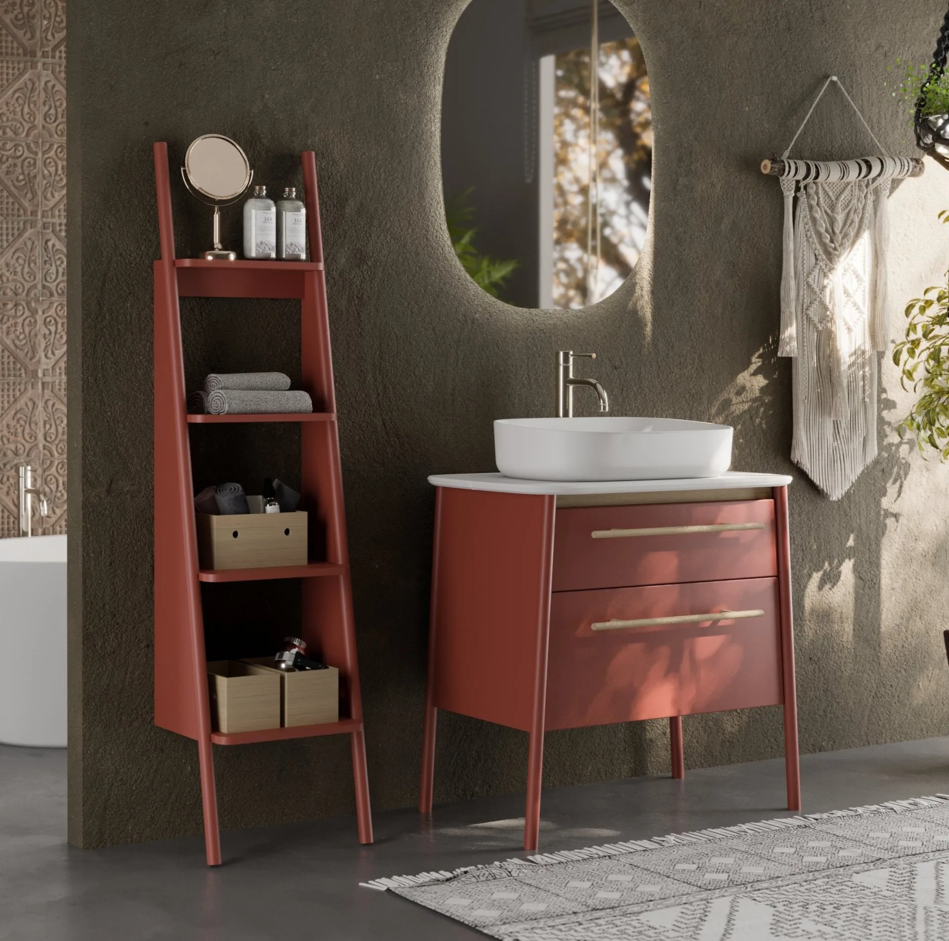 BADEDU TANA Waschbecken mit Unterschrank 80 cm breit, Rot matt, Waschbecken Gussmarmor Weiß, mit Füßen