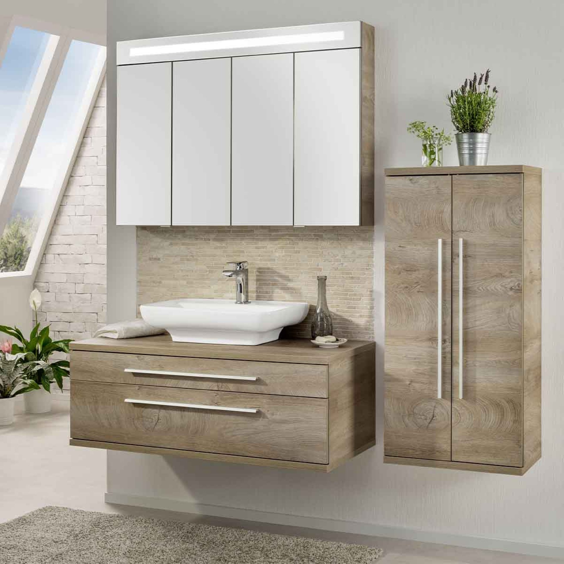 Fackelmann STANFORD Badmöbel Set 3-teilig,110 cm breit, Braun, Keramikbecken + Spiegelschrank