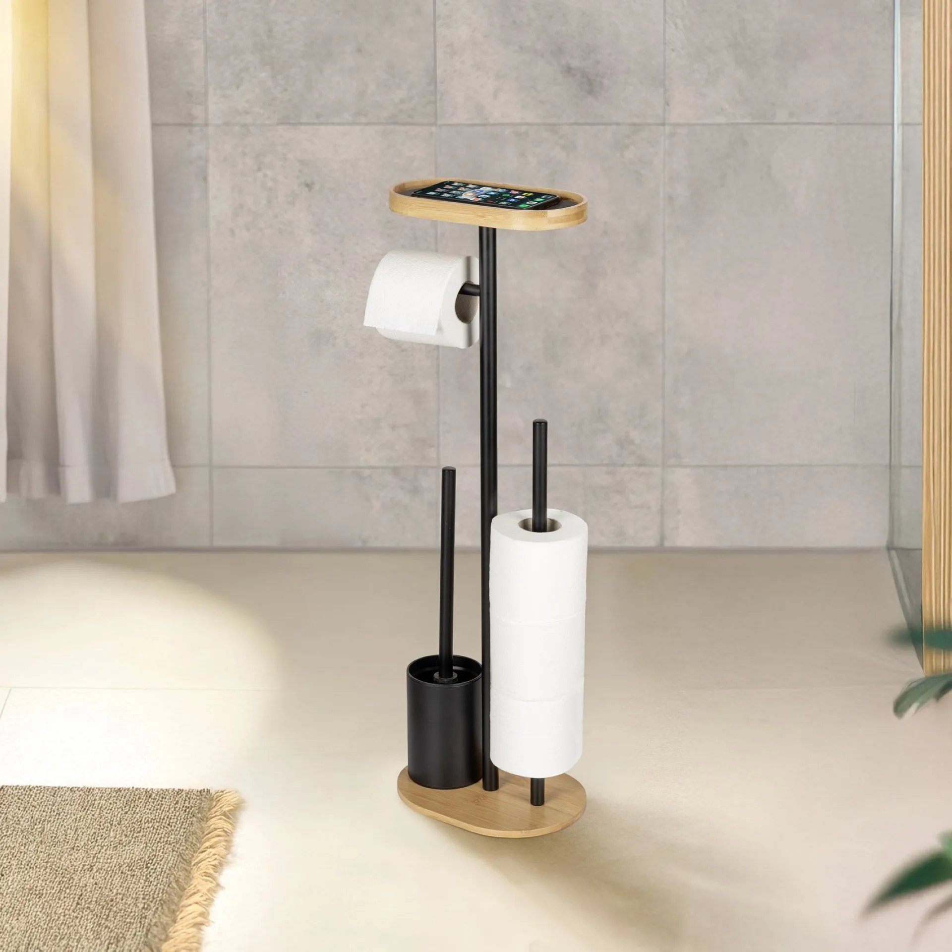 WENKO POMAROLO WC-Garnitur, Schwarz/Braun, Bambus, mit Toilettenpapierhalter und Ablage, stehend