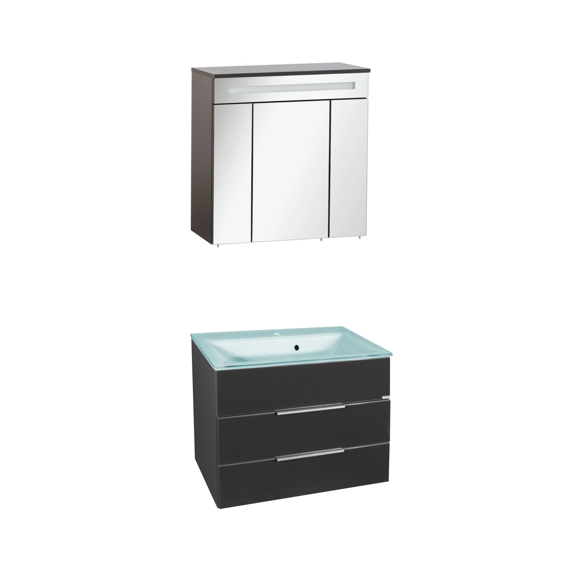 FACKELMANN KARA Waschtisch Set mit Spiegelschrank 80 cm breit, Anthrazit, Waschbecken Glas Mint, 2 Schubladen