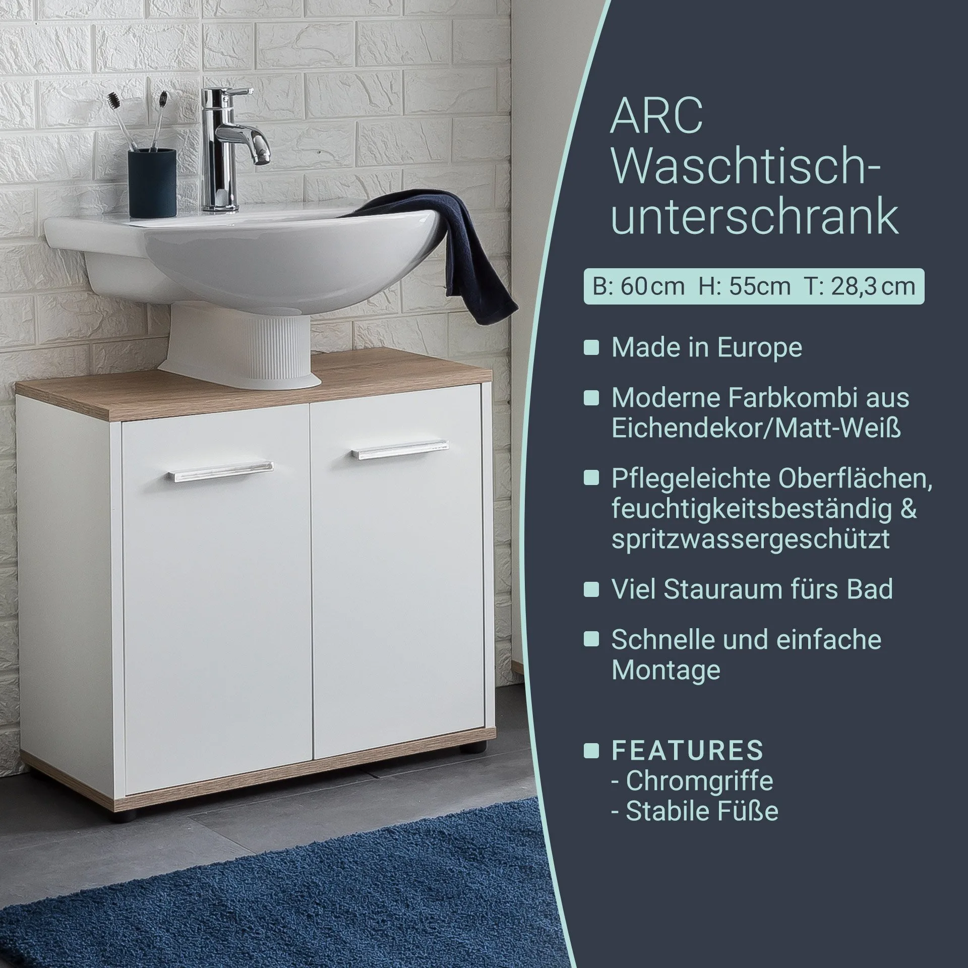 BADEDU ARC Waschbeckenunterschrank 60 cm breit, Weiß/Braun hell