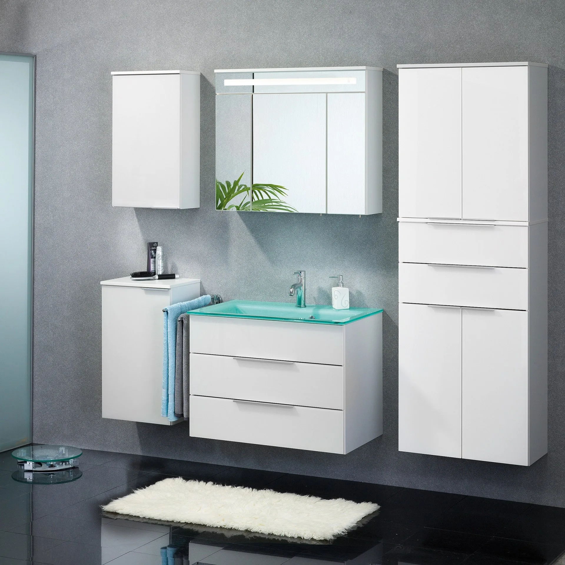 FACKELMANN KARA Waschbecken mit Unterschrank 80 cm breit, Weiß, Waschbecken Glas Mint, 2 Schubladen