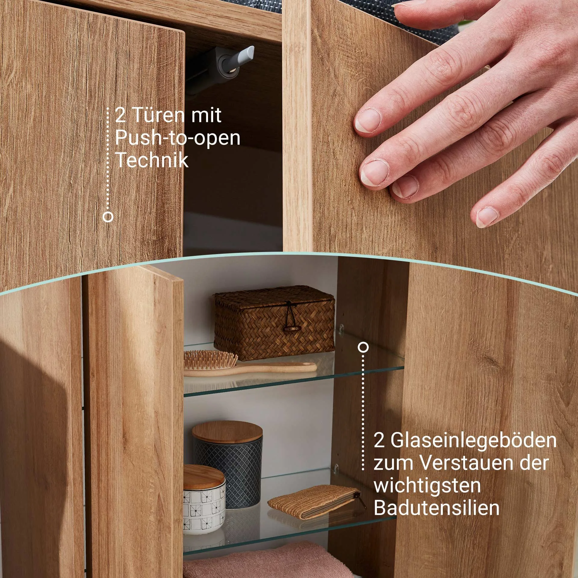 FACKELMANN FINN Doppel Midischrank + Waschbeckenunterschrank 60 cm breit, Braun hell, inklusive Holzfüße