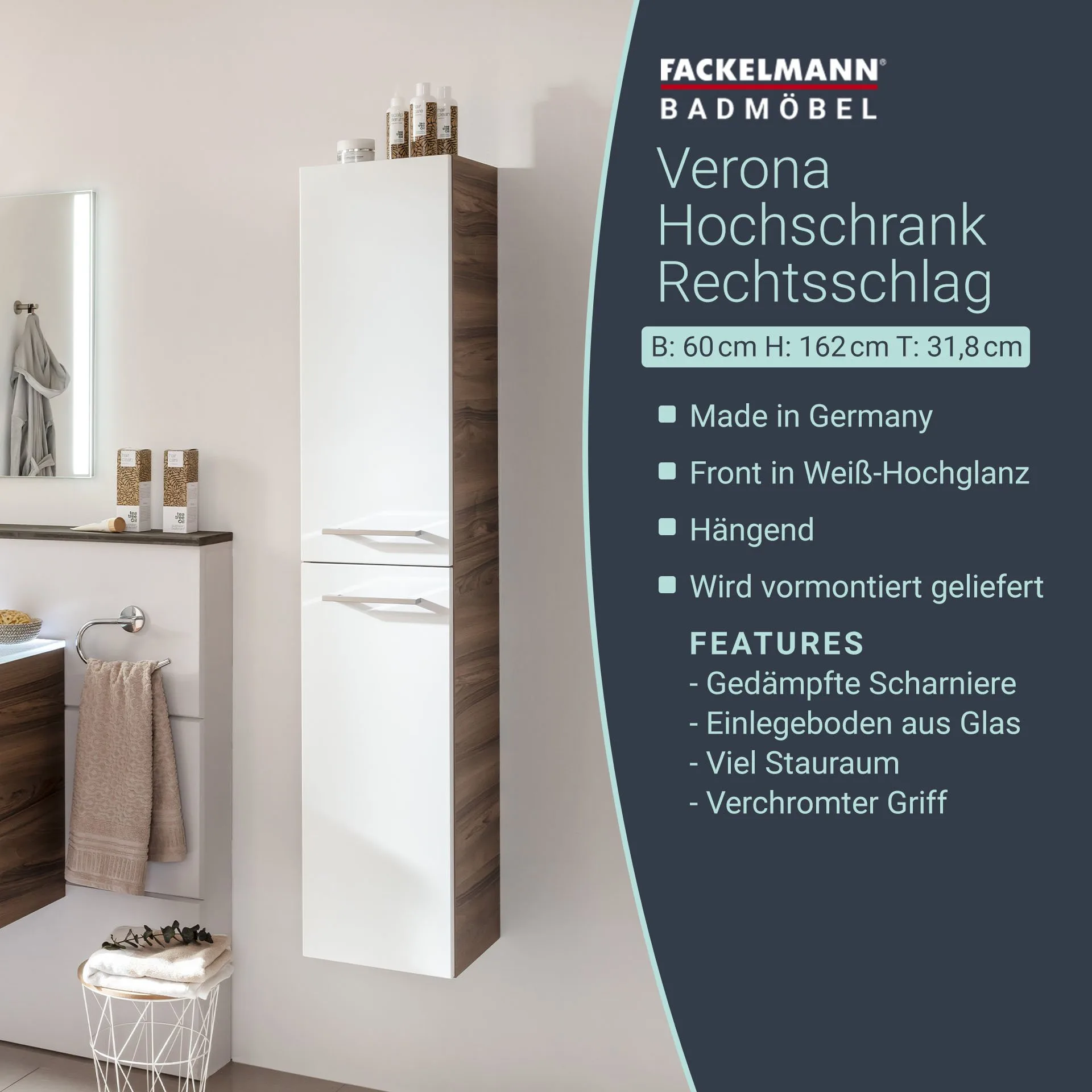 FACKELMANN VERONA Hochschrank 30 cm breit, Weiß Hochglanz/Braun Dunkel, Türanschlag rechts