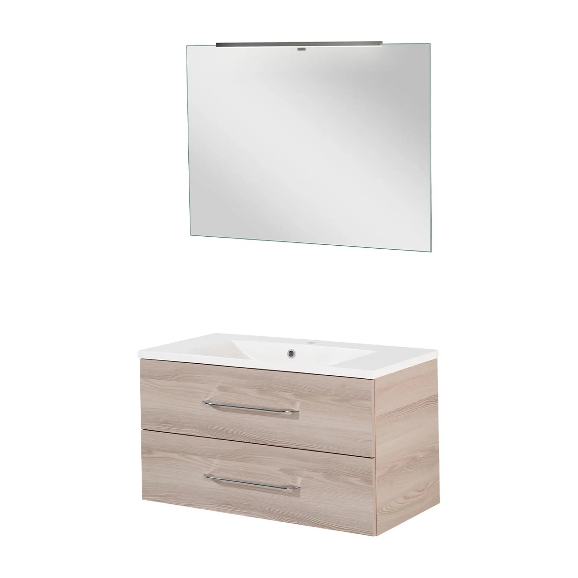 FACKELMANN B.CLEVER Waschtisch Set mit Spiegel 90 cm breit, Braun hell, Waschbecken Gussmarmor Weiß + LED Aufsatzleuchte