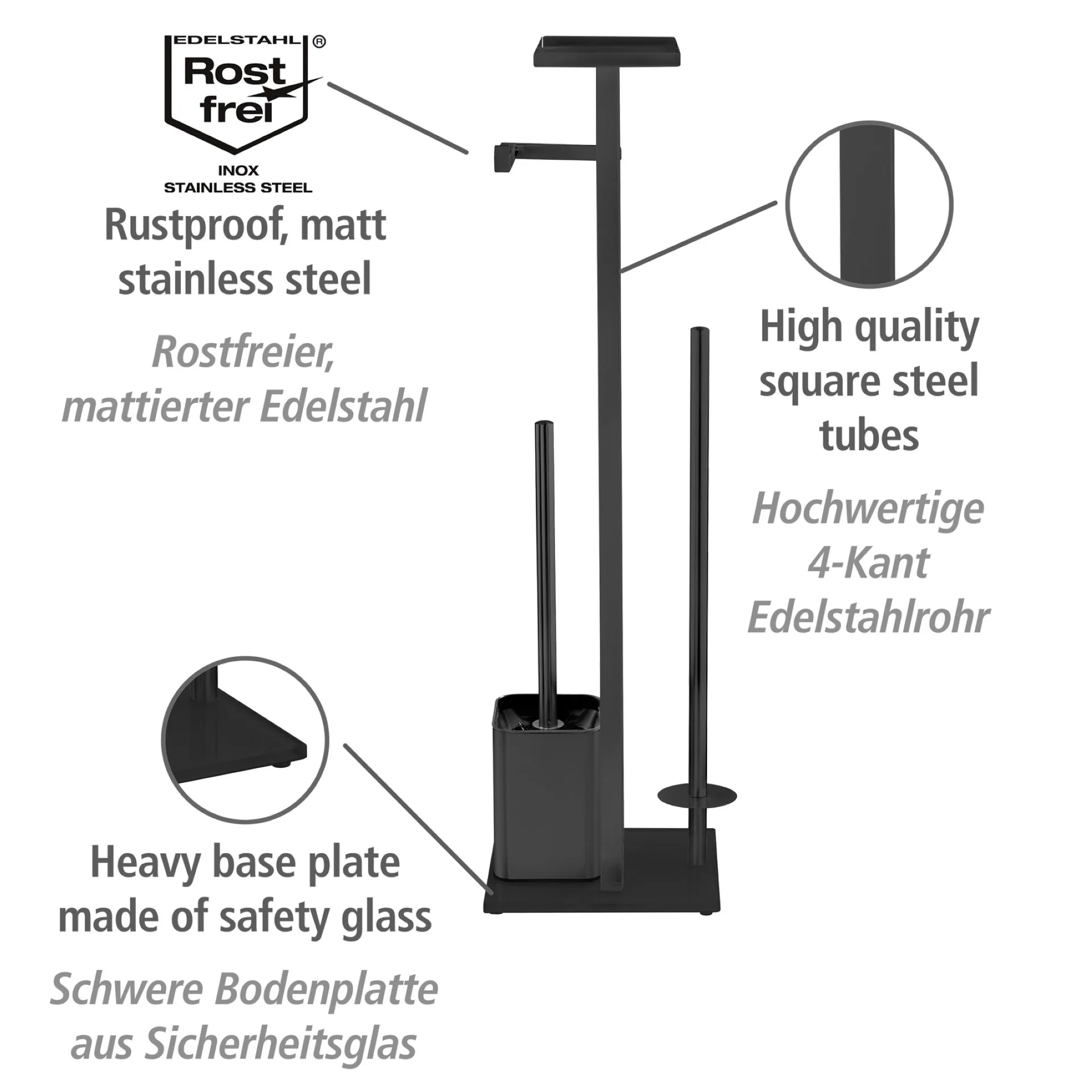 WENKO DEBAR WC-Garnitur, Schwarz, mit Toilettenpapierhalter, Bevorrater und Ablage, stehend