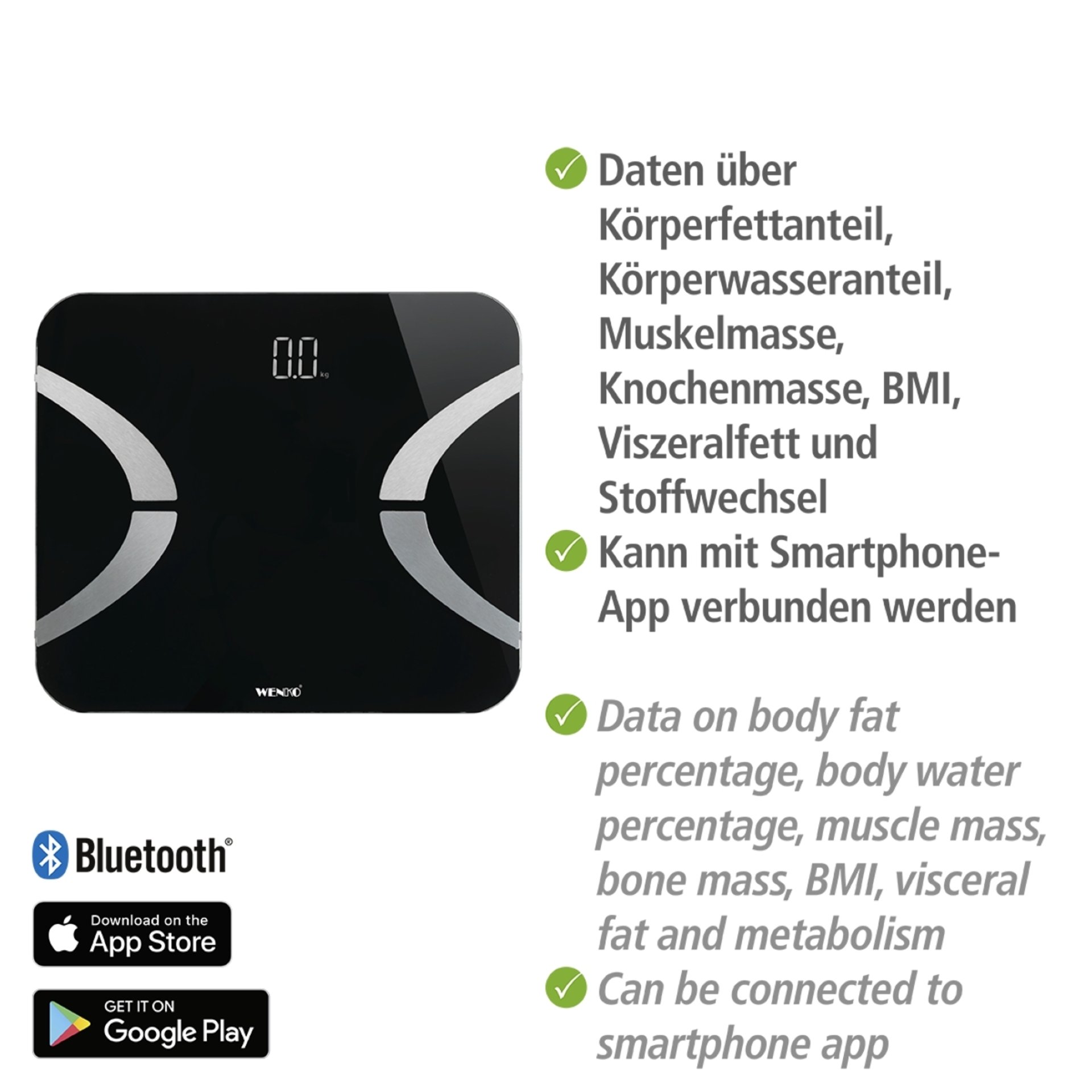WENKO Personenwaage, Schwarz, LED, mit Bluetooth, Analysewaage, Körperfettwaage