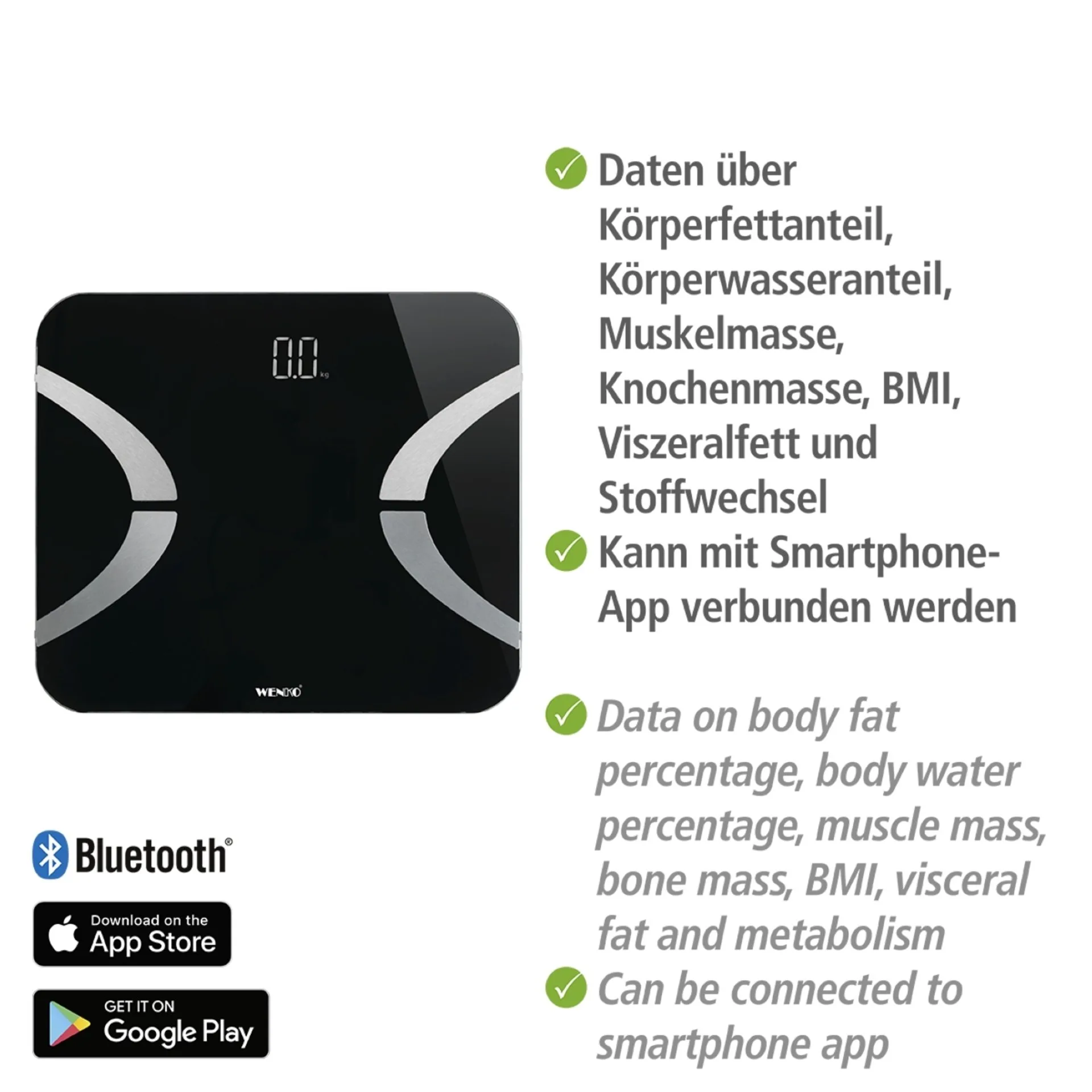 WENKO Personenwaage, Schwarz, LED, mit Bluetooth, Analysewaage, Körperfettwaage