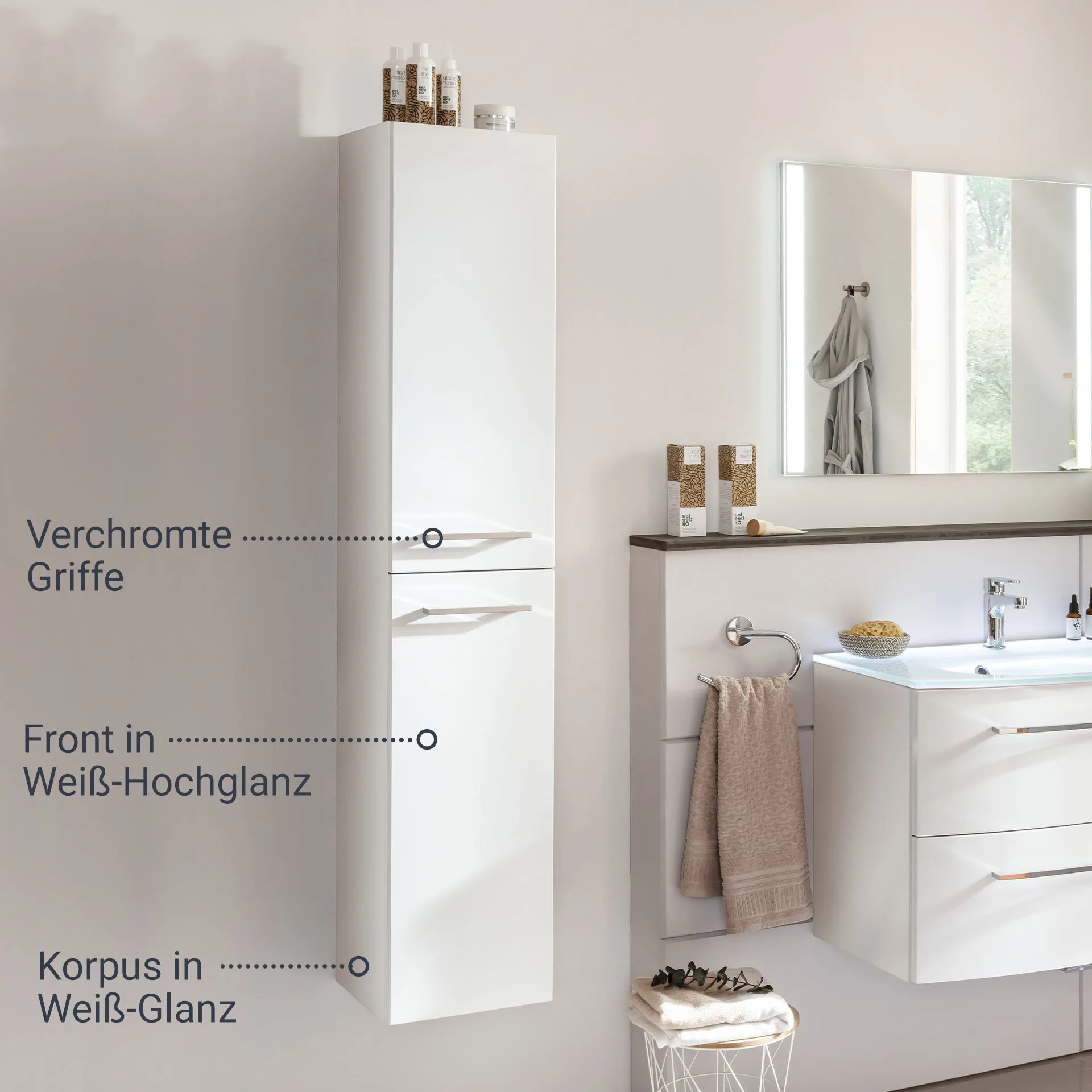 FACKELMANN VERONA Hochschrank 30 cm breit, Weiß Hochglanz, Türanschlag links