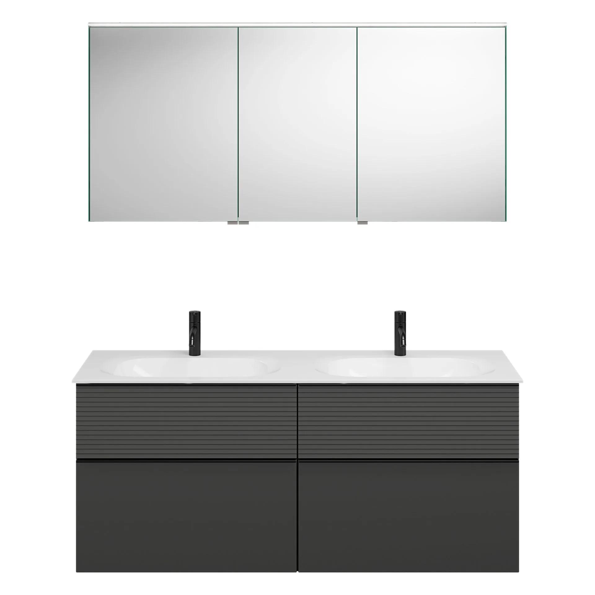 Burgbad FIUMO Waschtisch Set mit Spiegelschrank 142 cm breit, Anthrazit, Doppelwaschbecken Gussmarmor Weiß, 4 Schubladen, Anschlag rechts