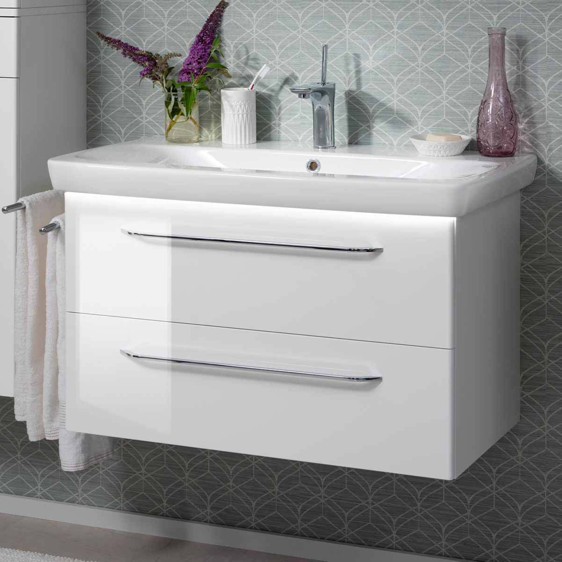 FACKELMANN MILANO Waschbecken mit Unterschrank 88 cm breit, Weiß, Waschbecken Keramik Weiß + Waschbeckenbeleuchtung