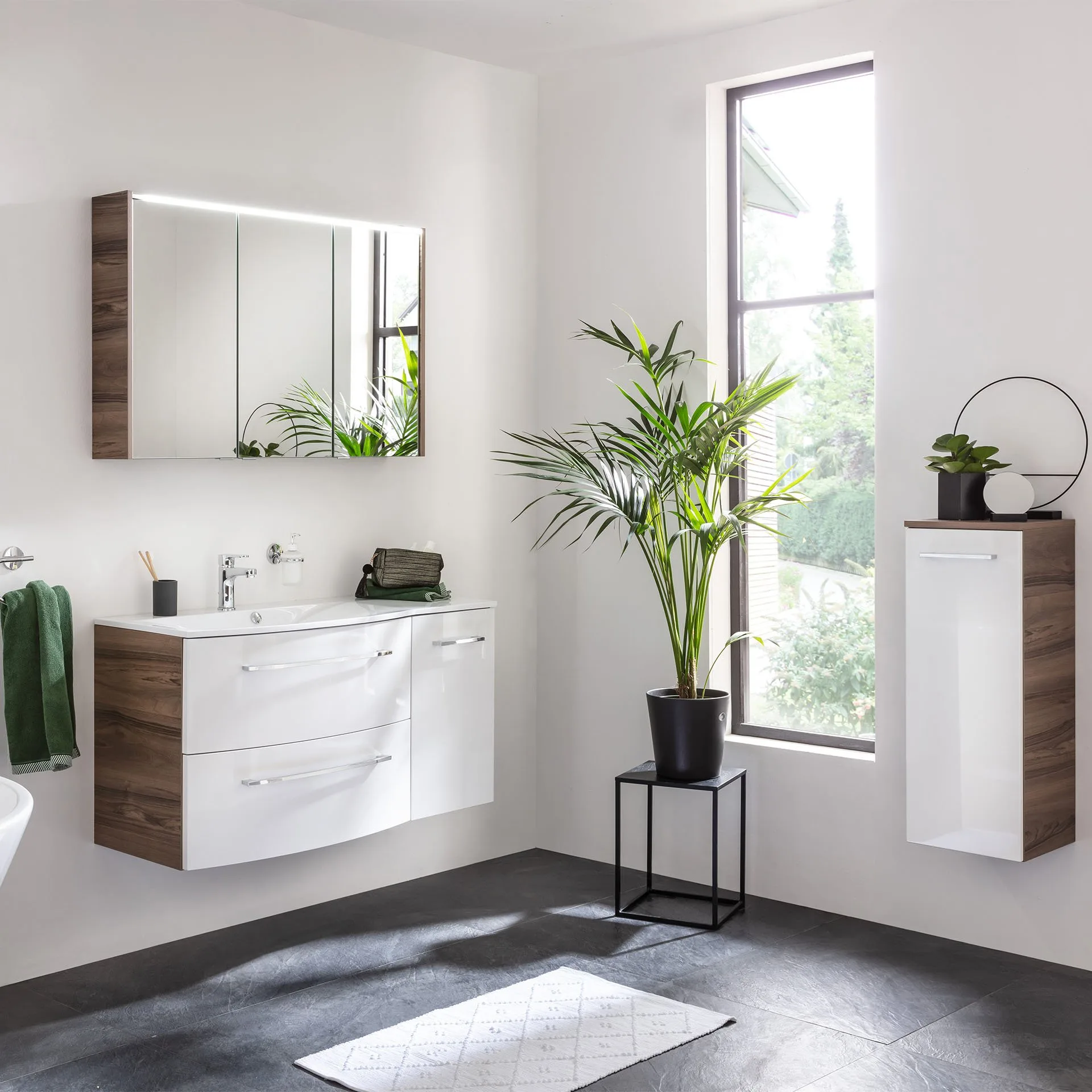 FACKELMANN VERONA Waschbecken mit Unterschrank 115 cm breit, Weiß/Braun Dunkel, Waschbecken Gussmarmor Weiß + Unterschrank Türanschlag links