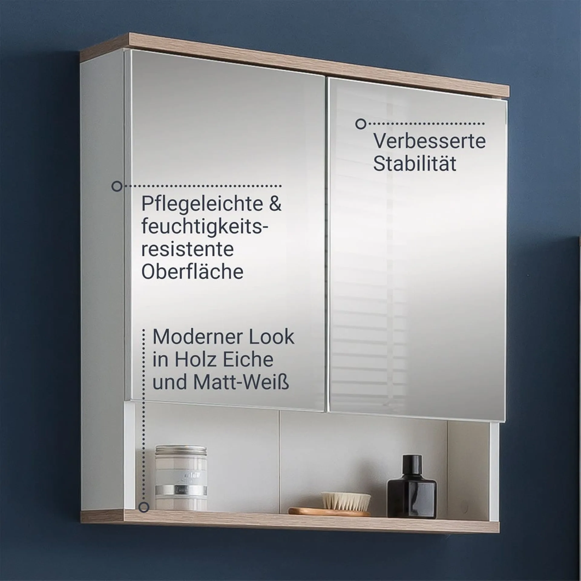 BADEDU ARC Spiegelschrank 60 cm breit, Weiß/Braun hell