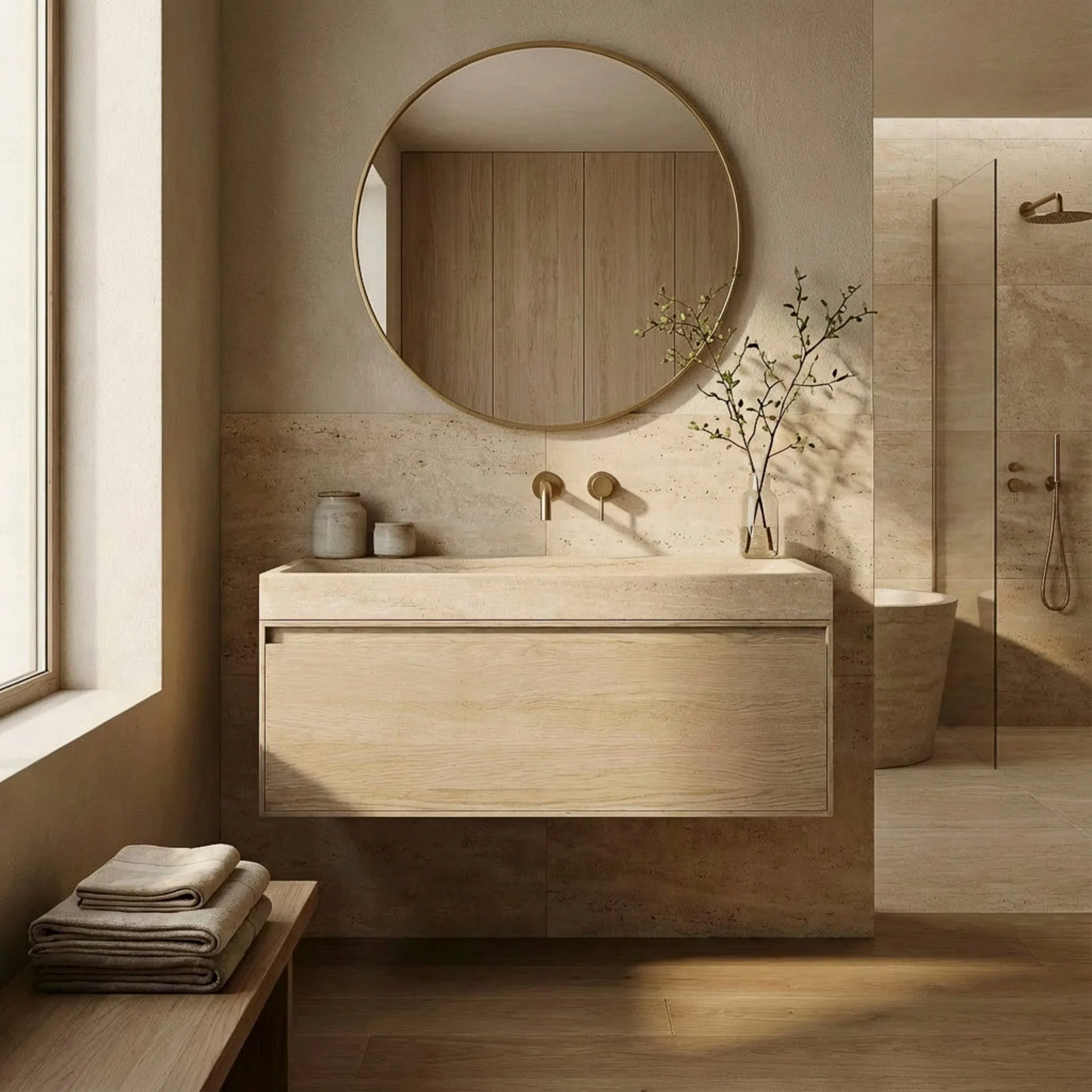 FORZALAQUA IBIZA BELLEZZA Waschbecken mit Unterschrank 120 cm breit, Braun hell, Natursteinwaschbecken Travertin matt ohne Hahnloch, 1 Schublade