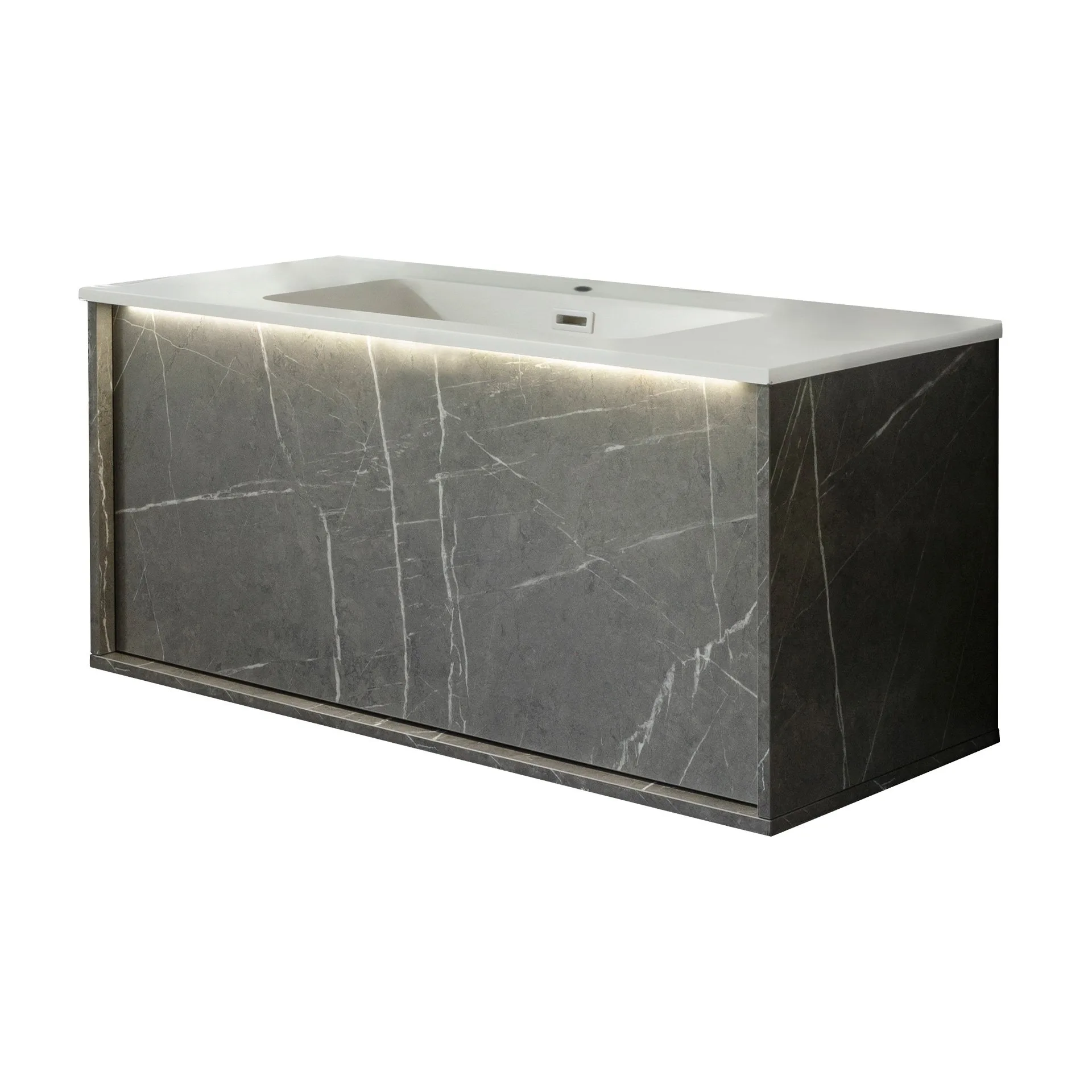 LANZET DUNE Waschbecken mit Unterschrank 101 cm breit, Marmor Grau, Waschbecken Gussmarmor Weiß, inkl. LED-Beleuchtung
