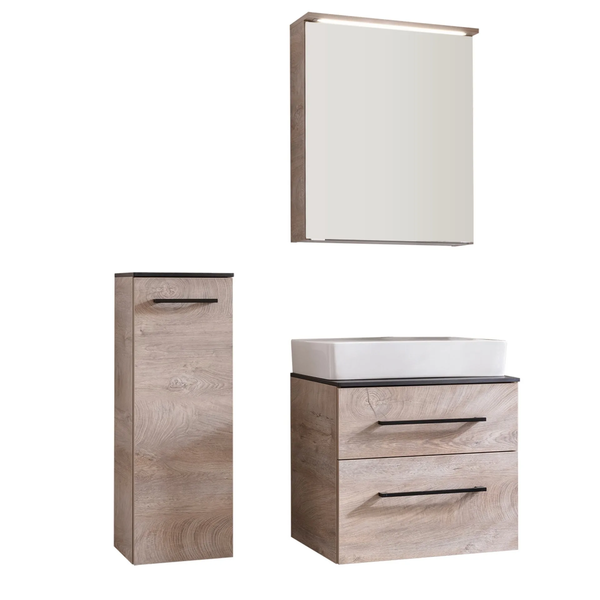 FACKELMANN OXFORD Badmöbel Set 5-teilig 60 cm breit, Braun hell, Aufsatzwaschbecken Keramik Weiß + Waschtischplatte + LED Spiegelschrank + Midischrank