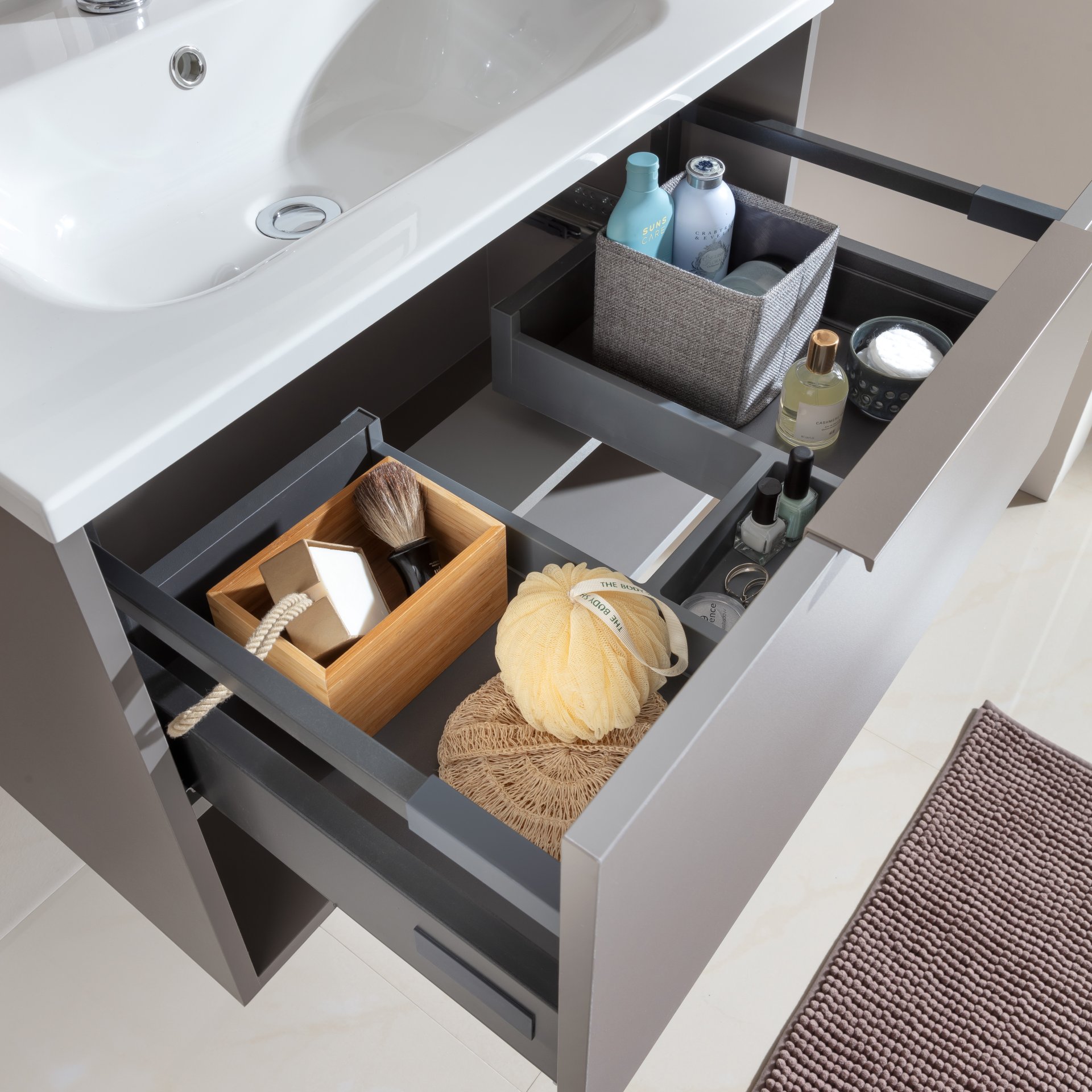 FACKELMANN B.PARIS Waschtisch Set mit Spiegelschrank 70 cm breit, Grau, Waschbecken Gussmarmor Weiß