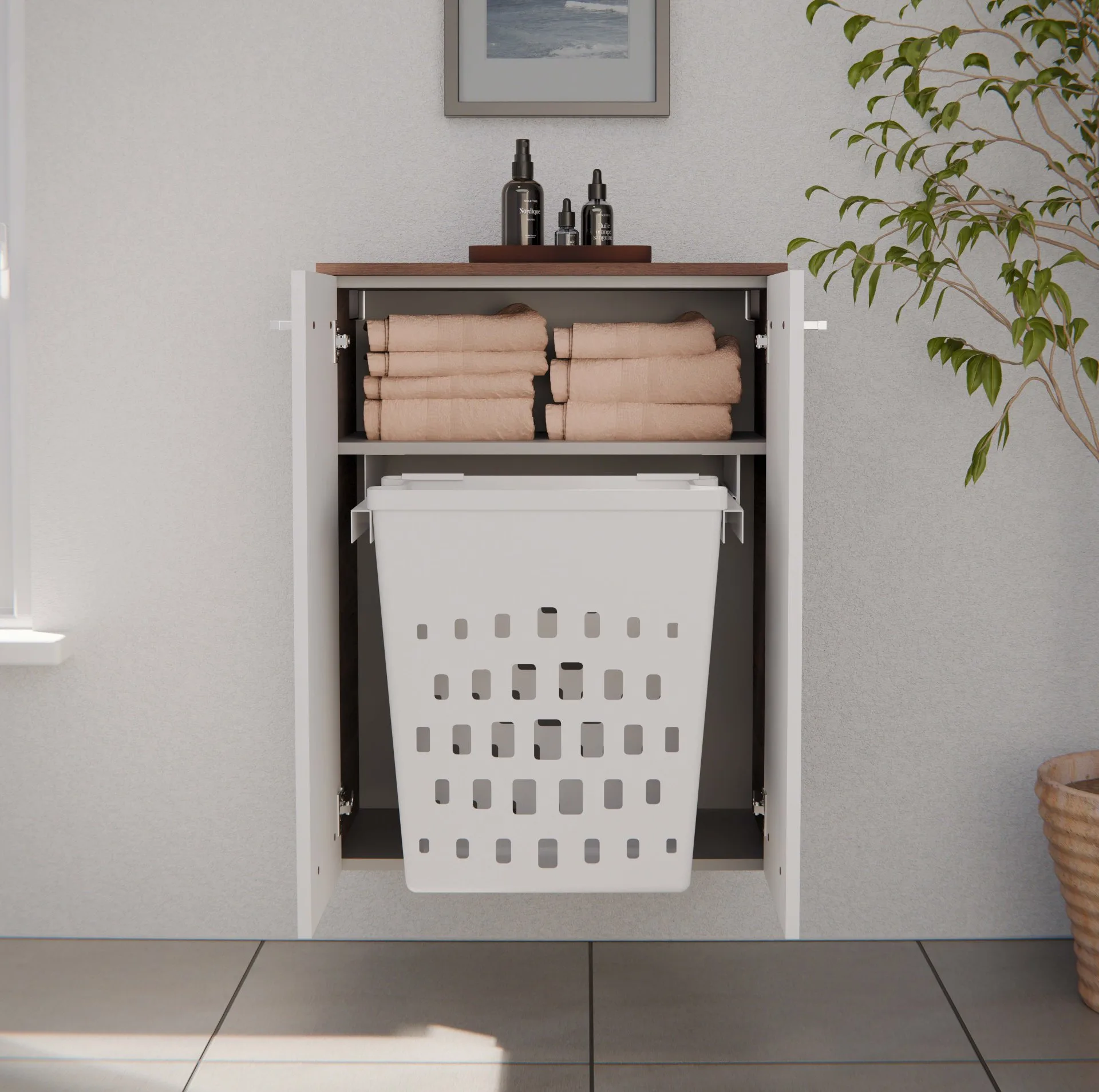FACKELMANN VERONA Doppel Midischrank 60 cm breit, Weiß Hochglanz/Braun Dunkel, mit Wäschekorb