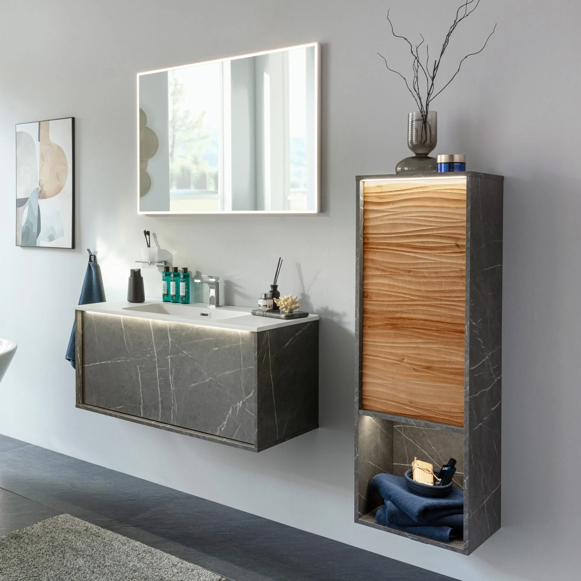 LANZET DUNE Midischrank 40,3 cm breit, Braun hell/Marmor Grau, inkl. LED Beleuchtung