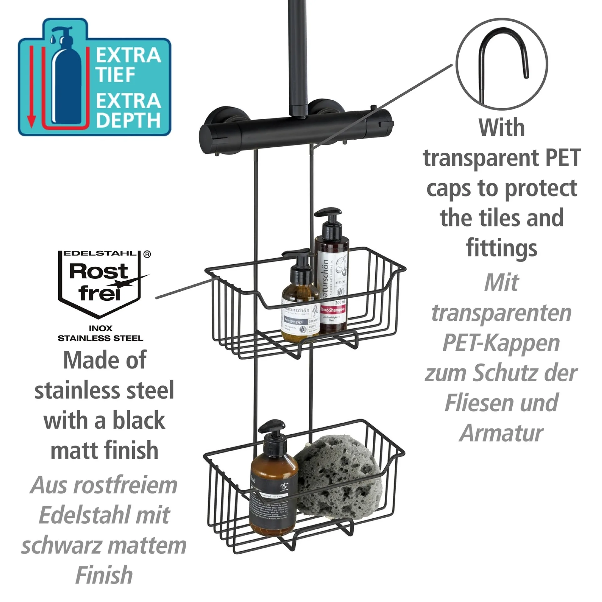 WENKO MILO Duschablage, Schwarz matt, 2 Etagen, Edelstahl rostfrei, zum Einhängen