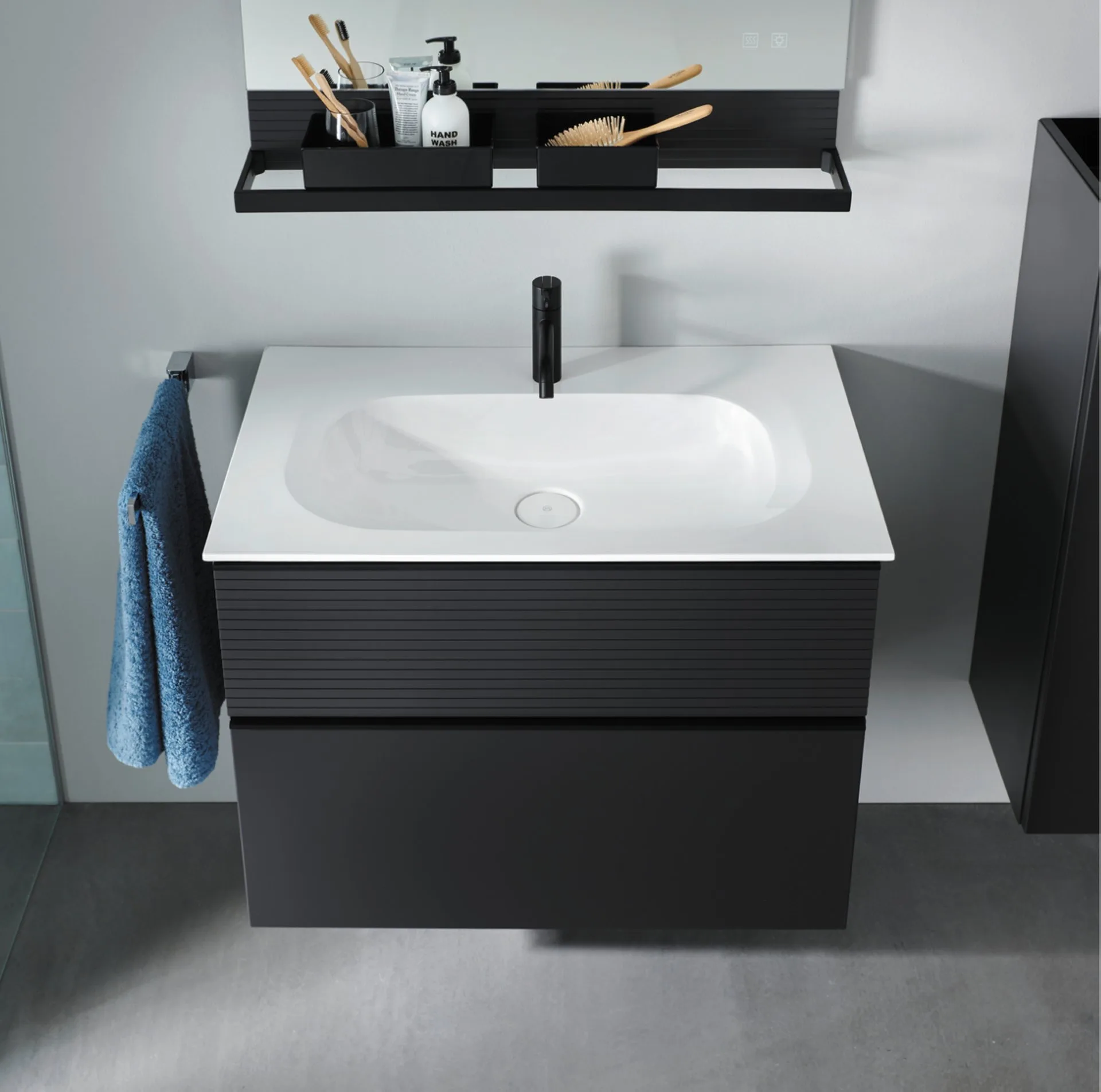 Burgbad FIUMO Waschtisch Set mit Spiegelschrank 102 cm breit, Anthrazit, Waschbecken Gussmarmor Weiß