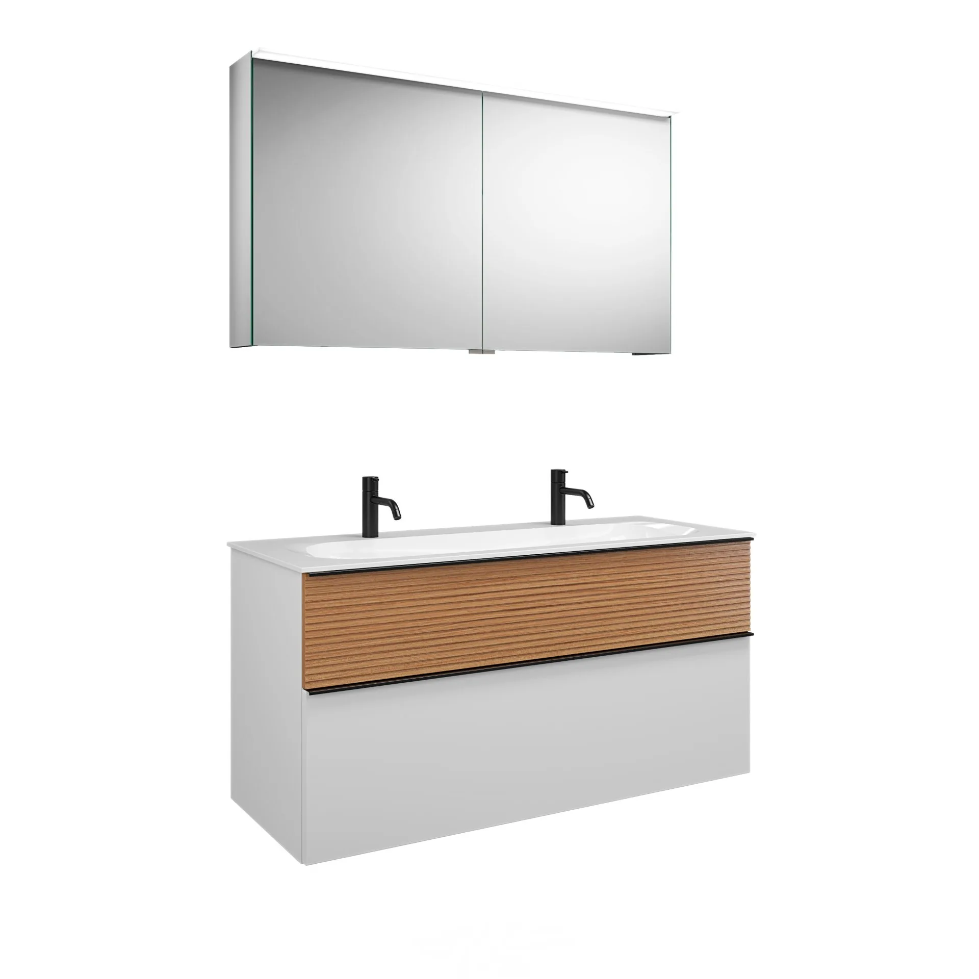 Burgbad FIUMO Waschtisch Set mit Spiegelschrank 122 cm breit, Braun/Weiß, Doppelwaschbecken Gussmarmor Weiß