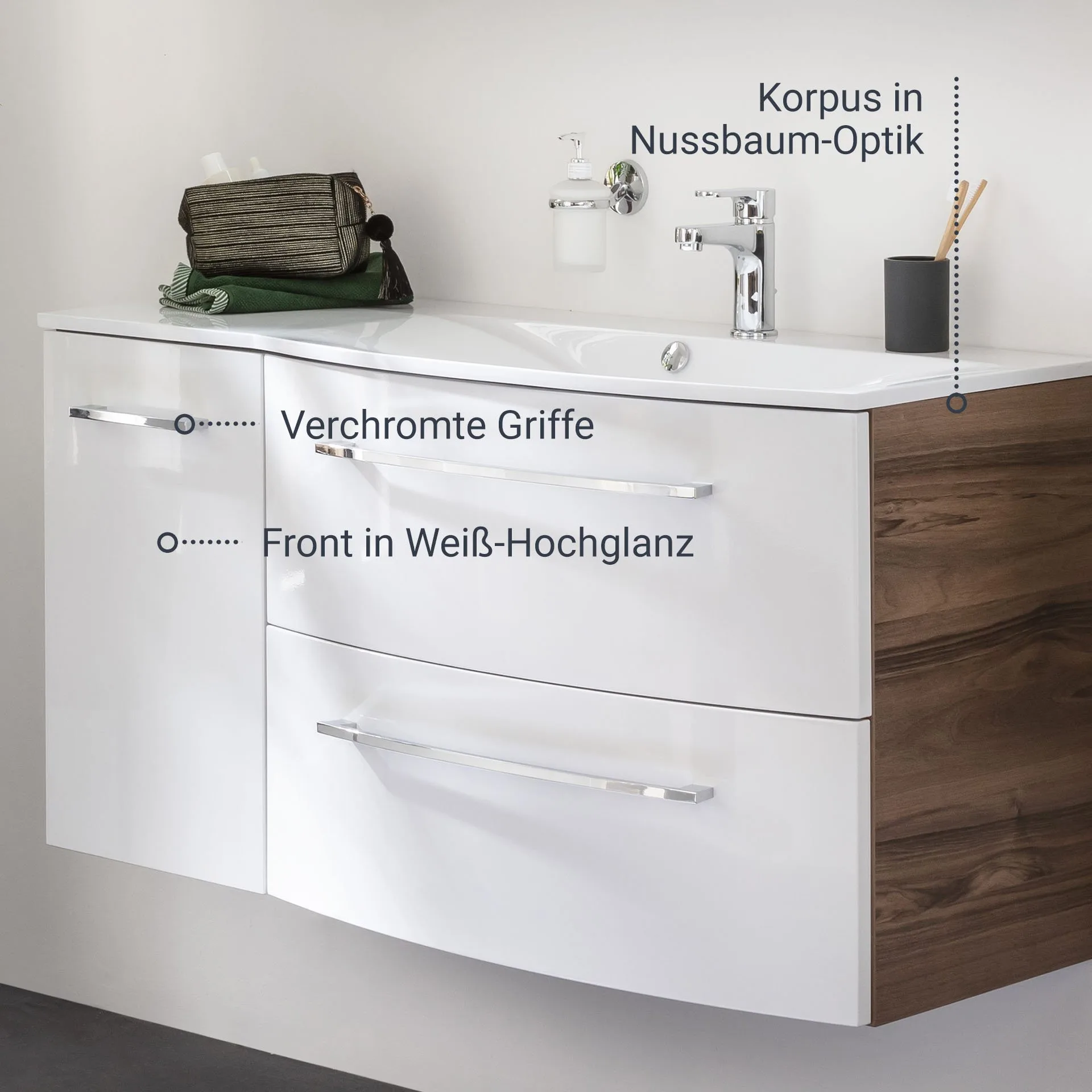 FACKELMANN VERONA Unterschrank 35 cm breit, Weiß Hochglanz/Braun Dunkel, Türanschlag rechts