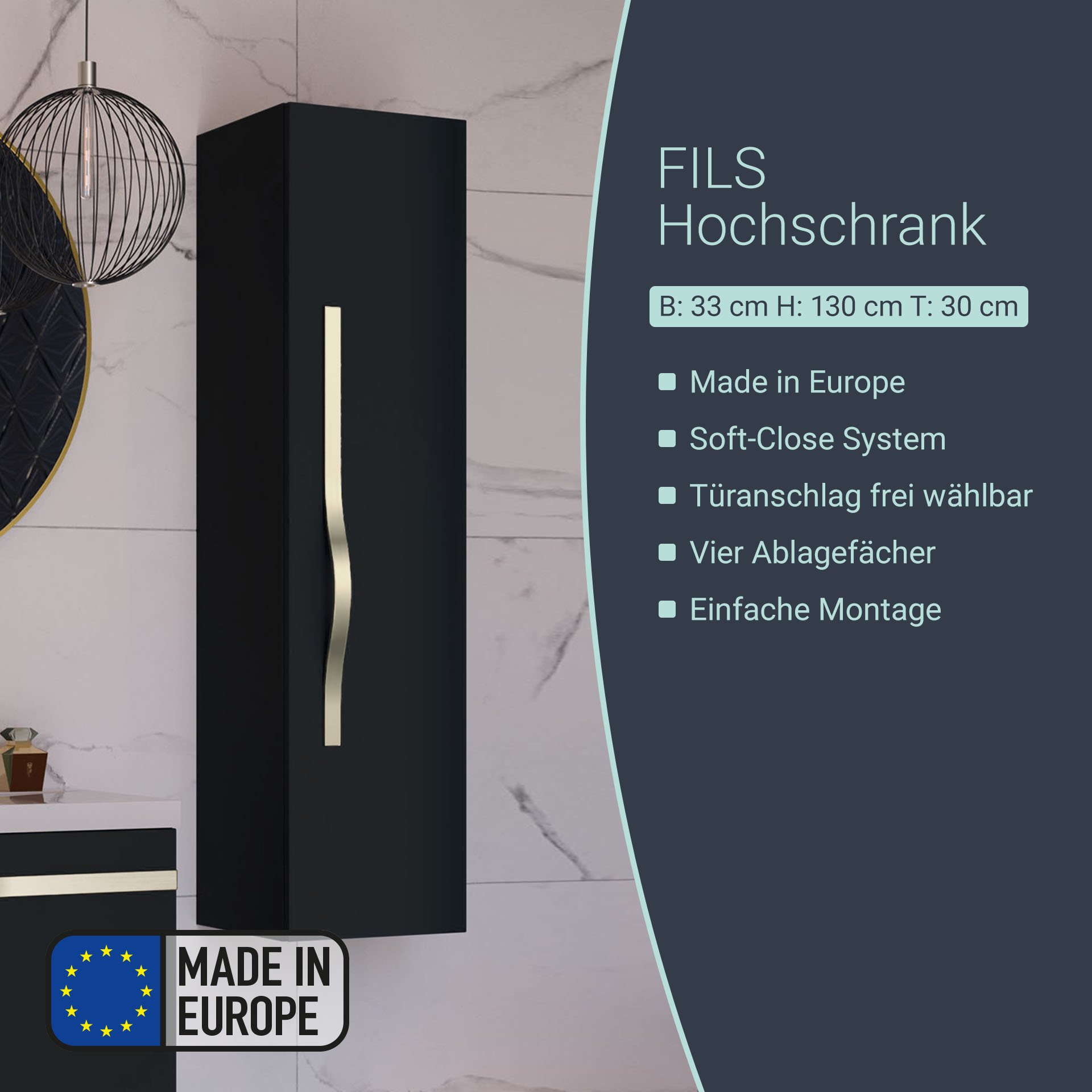 BADEDU FILS Hochschrank 33 cm breit, Schwarz, Griff Silber