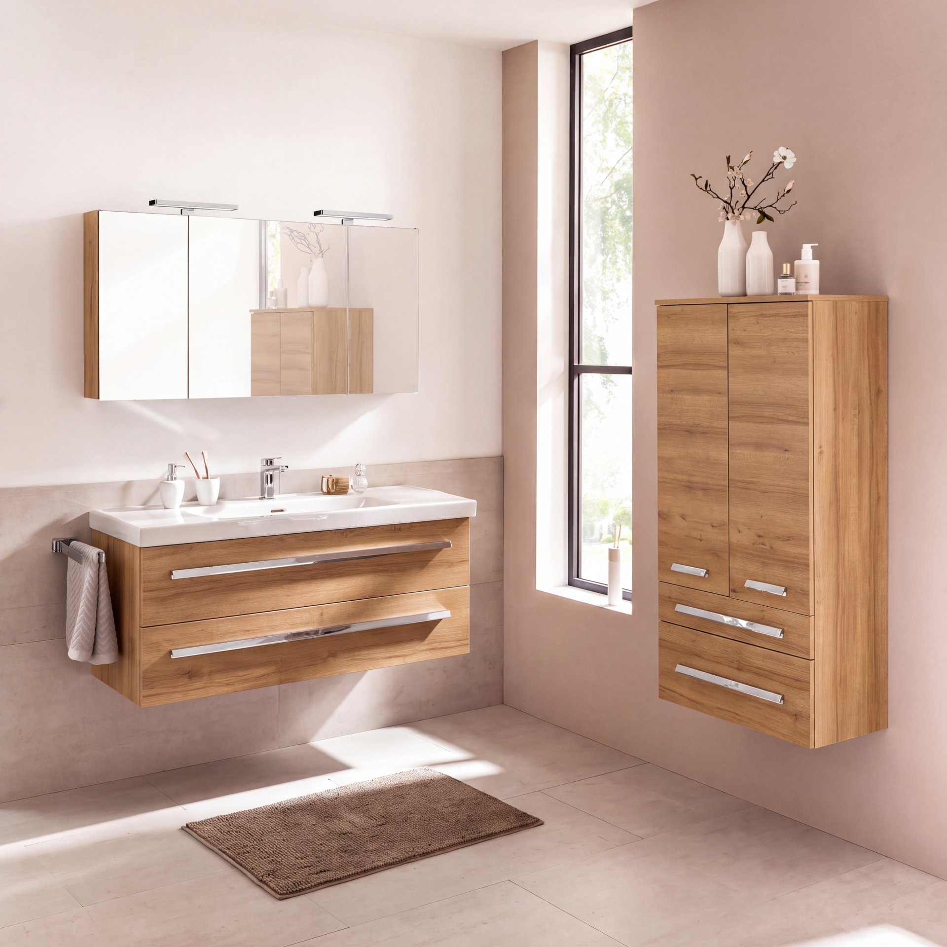 BADEDU TESSANO Waschbecken mit Unterschrank 120 cm breit, Braun hell, Waschbecken Keramik Weiß
