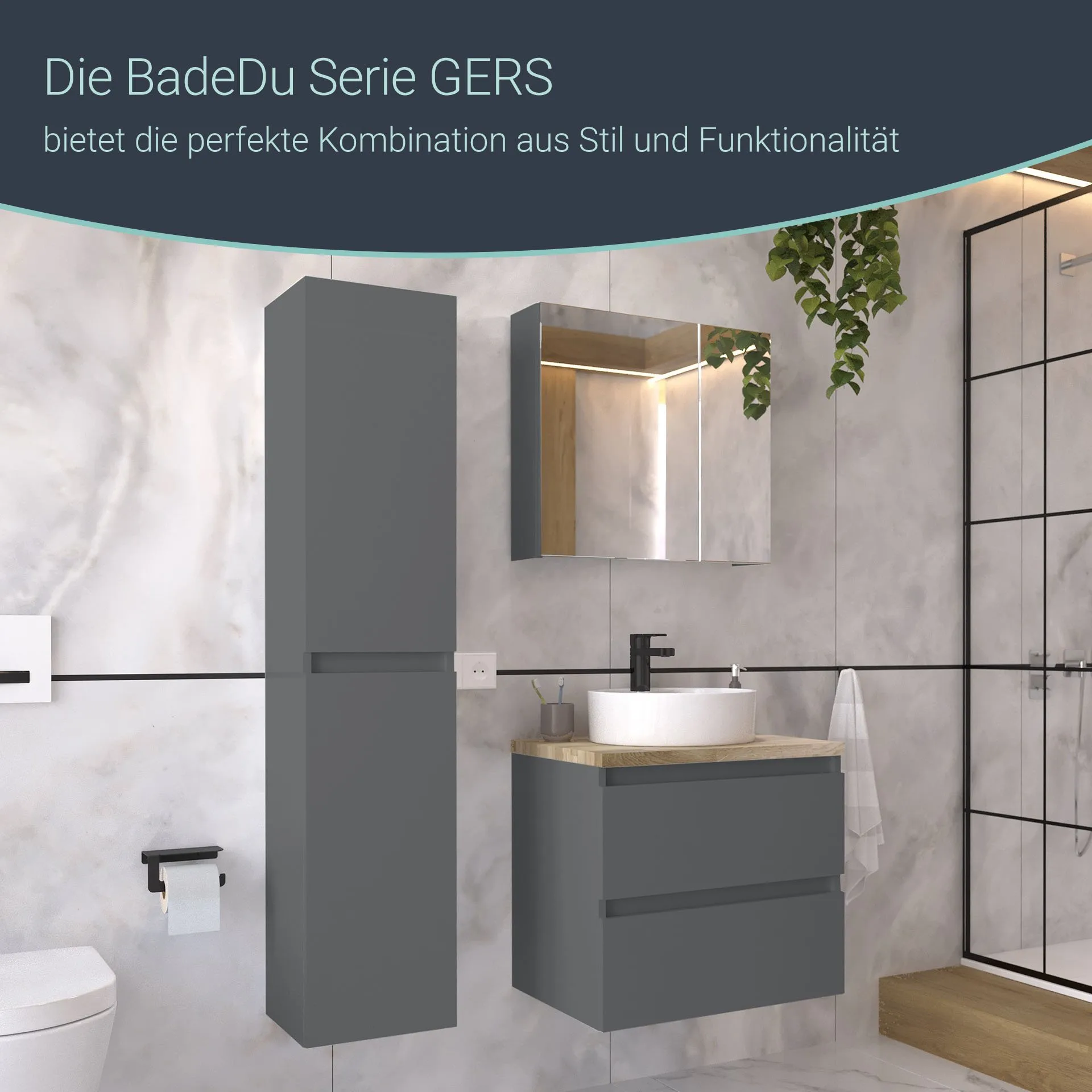BADEDU GERS Spiegelschrank 60 cm breit, Grau