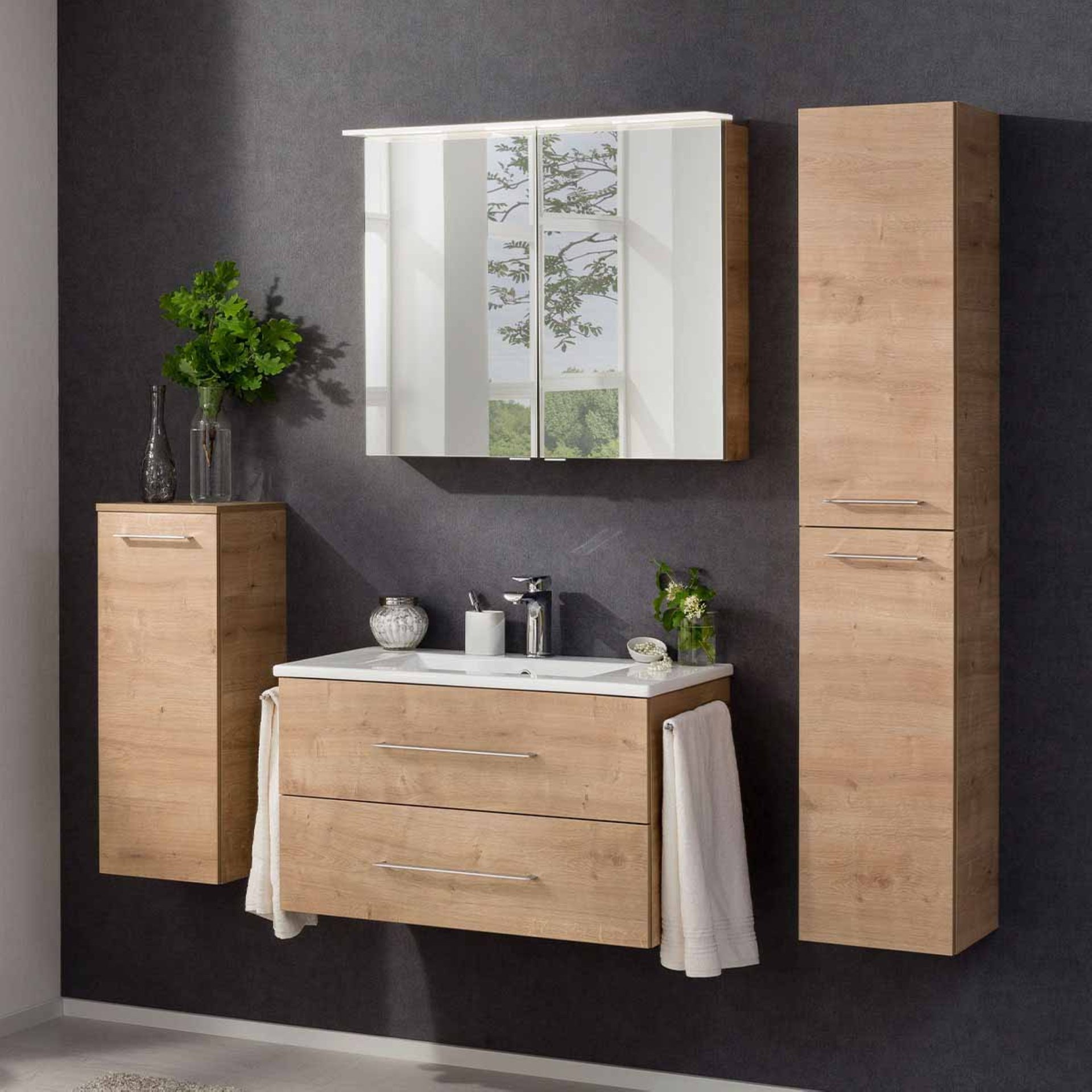 FACKELMANN B.PERFEKT Waschtisch Set mit Spiegelschrank 82 cm breit, Braun hell, Waschbecken Keramik