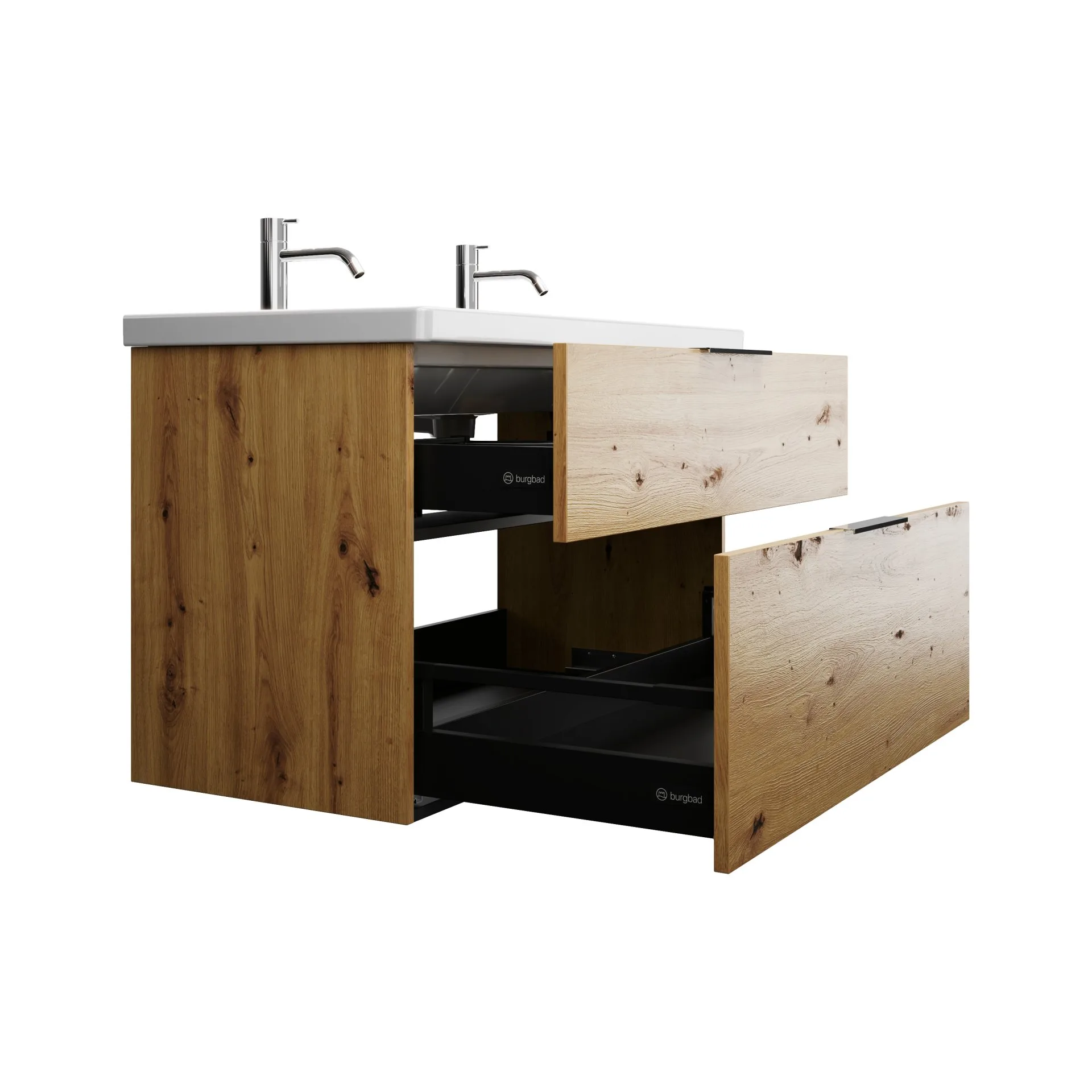 Burgbad EQIO Waschbecken mit Unterschrank 103 cm breit, Braun, Waschbecken Keramik Weiß, 2 Hahnlöcher