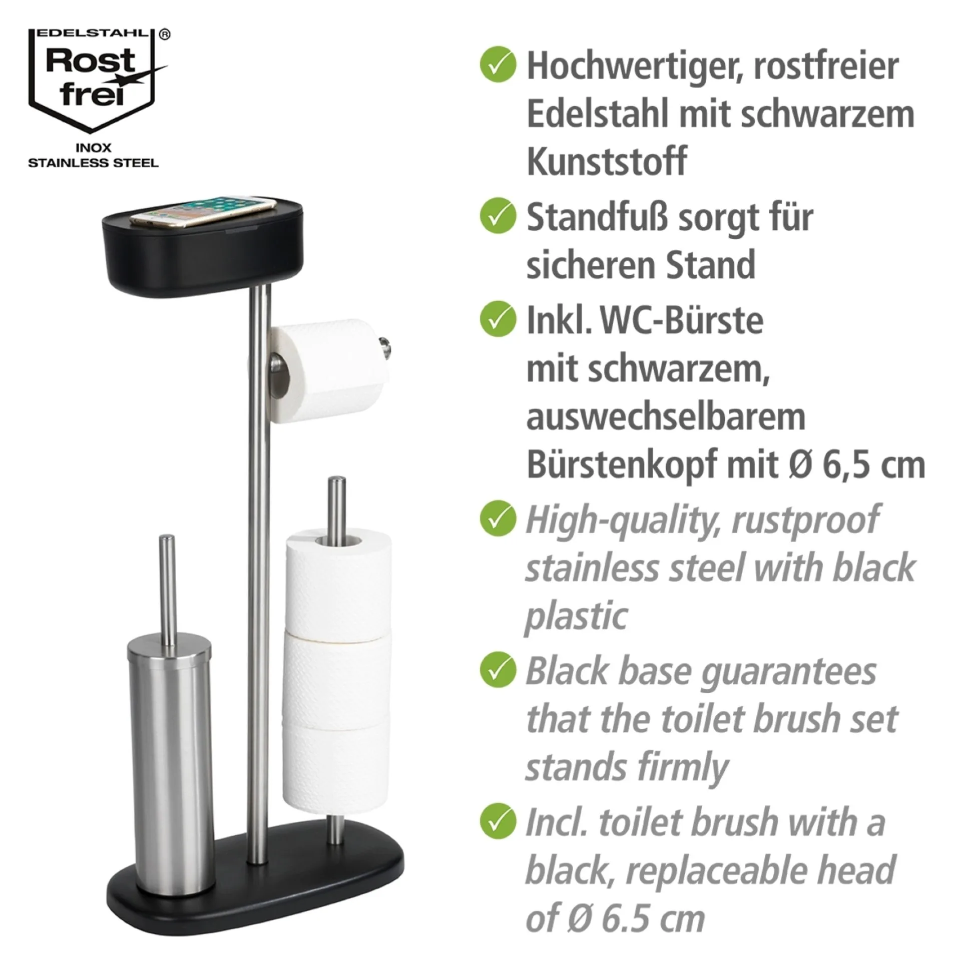 WENKO RIVAZZA WC-Garnitur, Schwarz/Silber, mit Toilettenpapierhalter, Bevorrater und Ablage, stehend