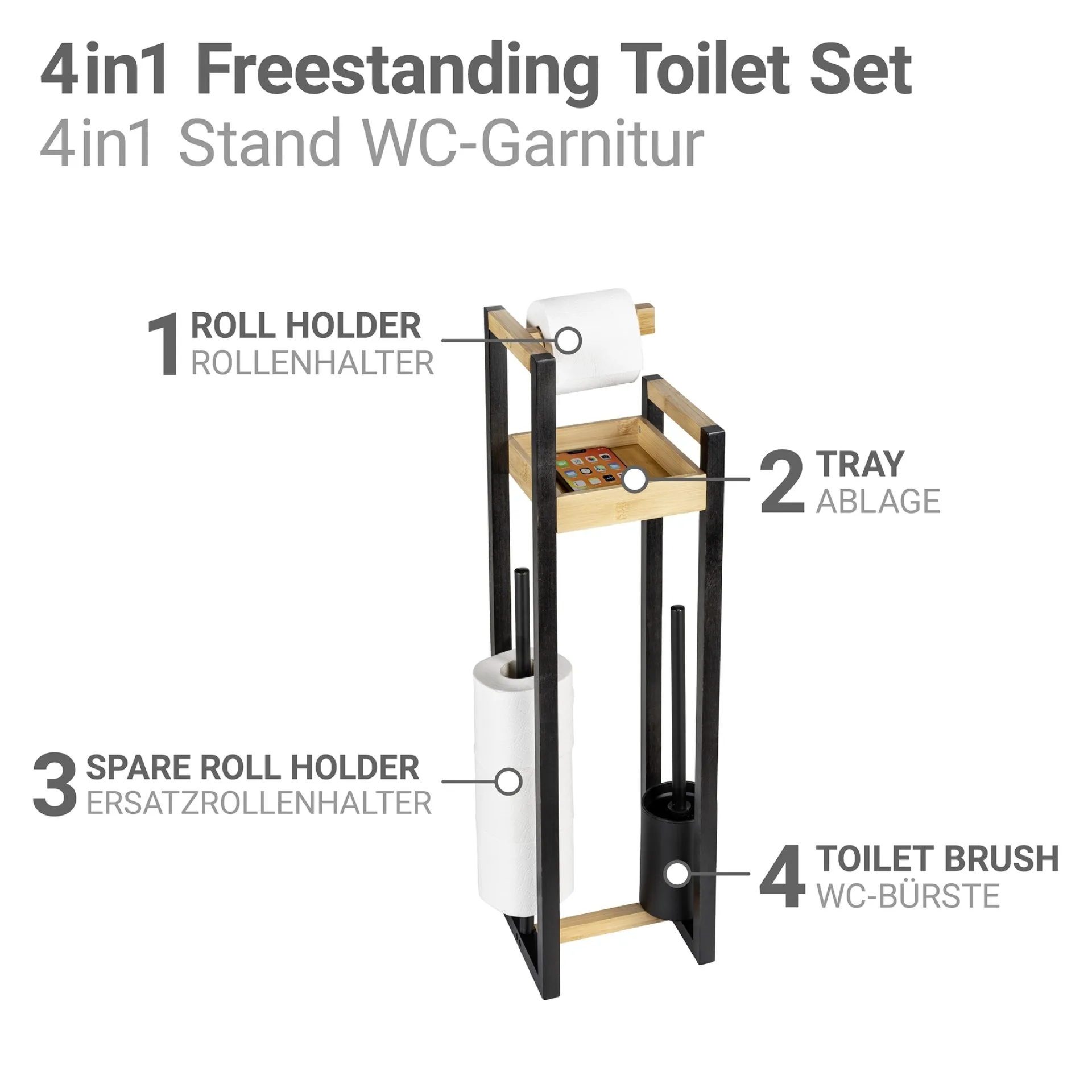 WENKO BRAIDI WC-Garnitur, Schwarz/Braun, Bambus, mit Toilettenpapierhalter und Ablage, stehend