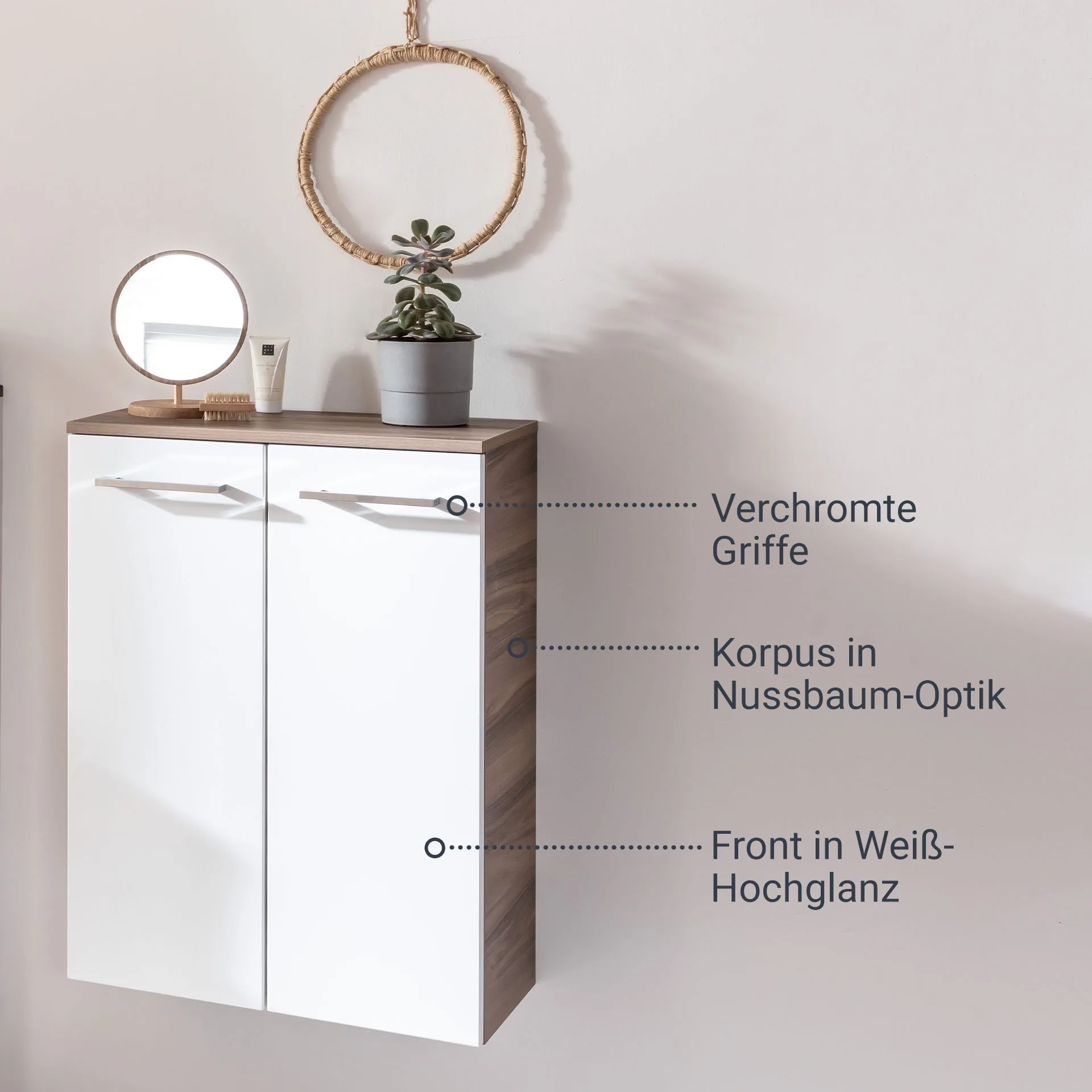 FACKELMANN VERONA Doppel Midischrank 60 cm breit, Weiß Hochglanz/Braun Dunkel
