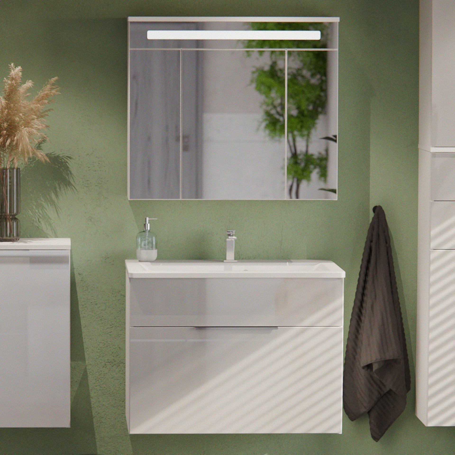 FACKELMANN KARA Waschtisch Set mit Spiegelschrank 80 cm breit, Weiß, Waschbecken Gussmarmor Weiß, 1 Schublade