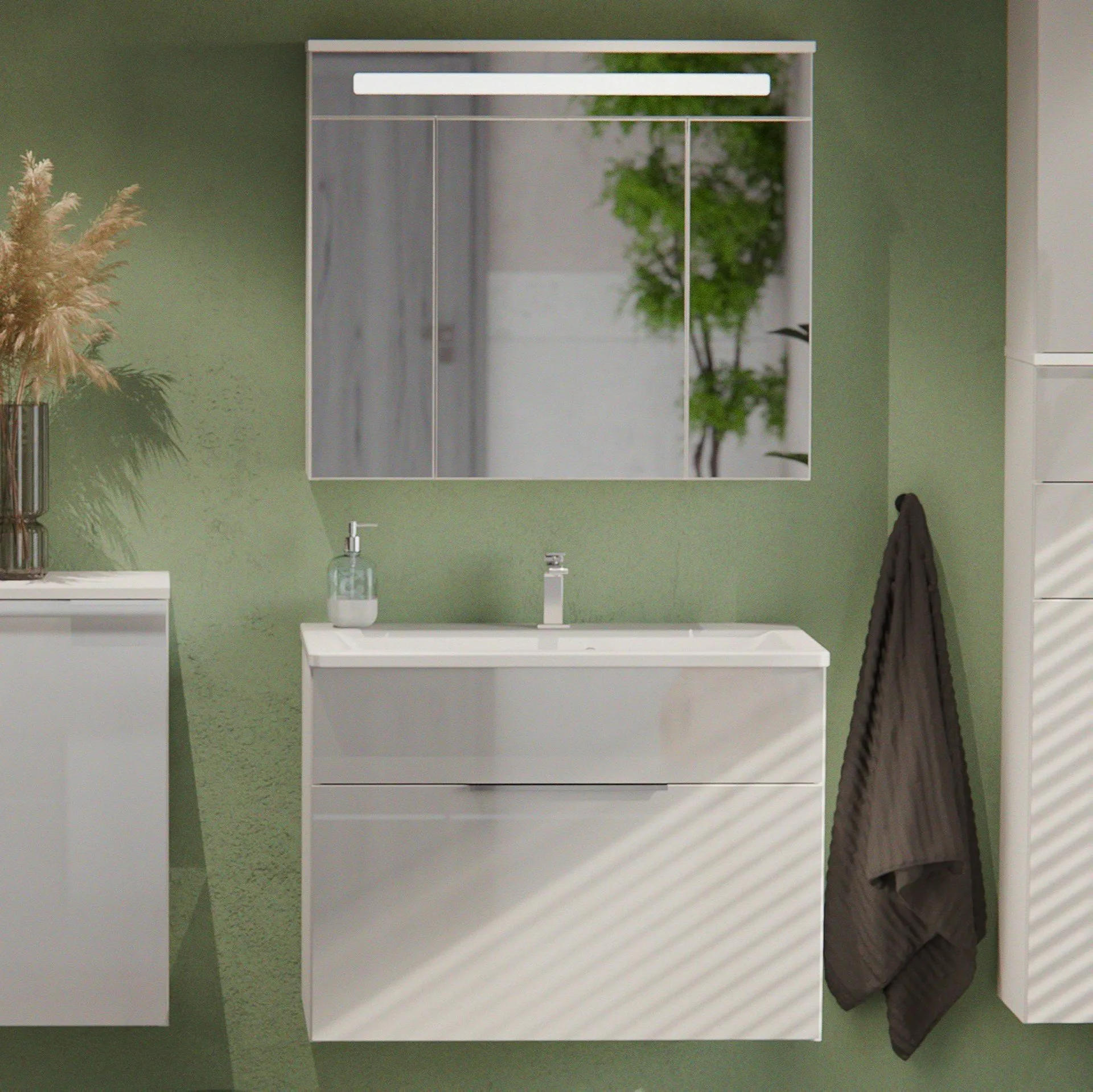 FACKELMANN KARA Waschtisch Set mit Spiegelschrank 80 cm breit, Weiß, Waschbecken Gussmarmor Weiß, 1 Schublade