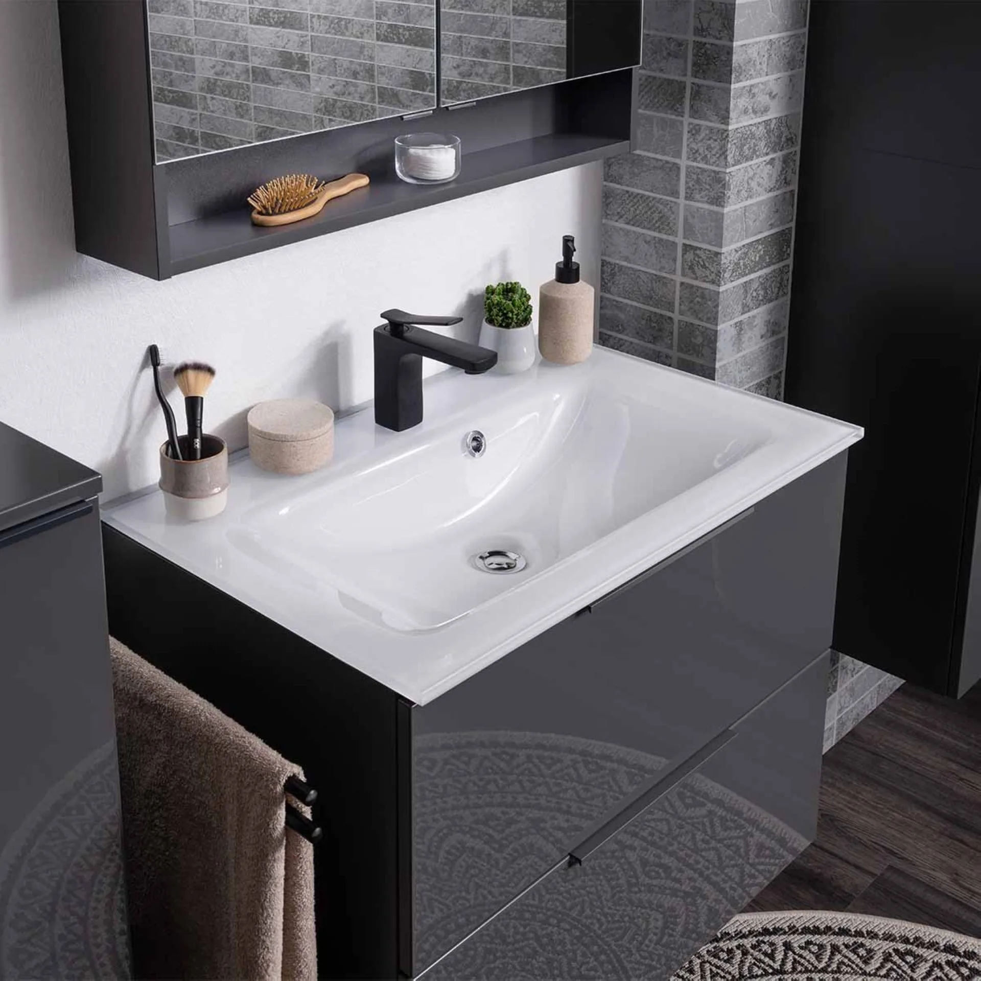 FACKELMANN LUNA Waschtisch Set mit Spiegelschrank 80 cm breit, Anthrazit, Waschbecken Glas Weiß + Ambientebeleuchtung