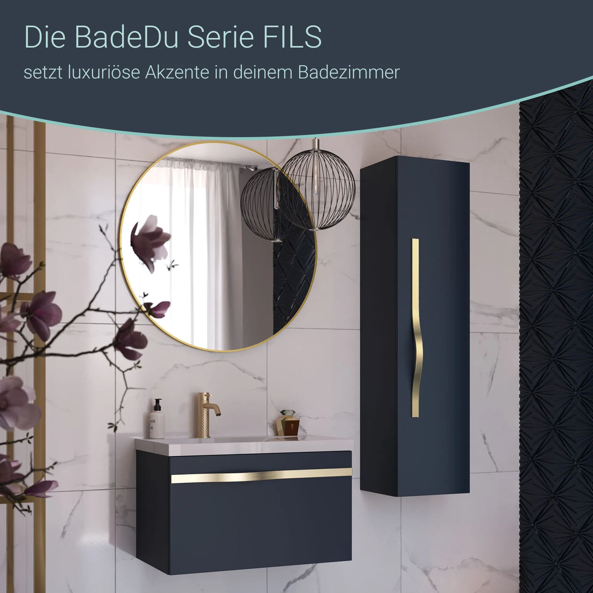 BADEDU FILS Waschbecken mit Unterschrank 69 cm breit, Blau, Waschbecken Gussmarmor Weiß, Griff Gold