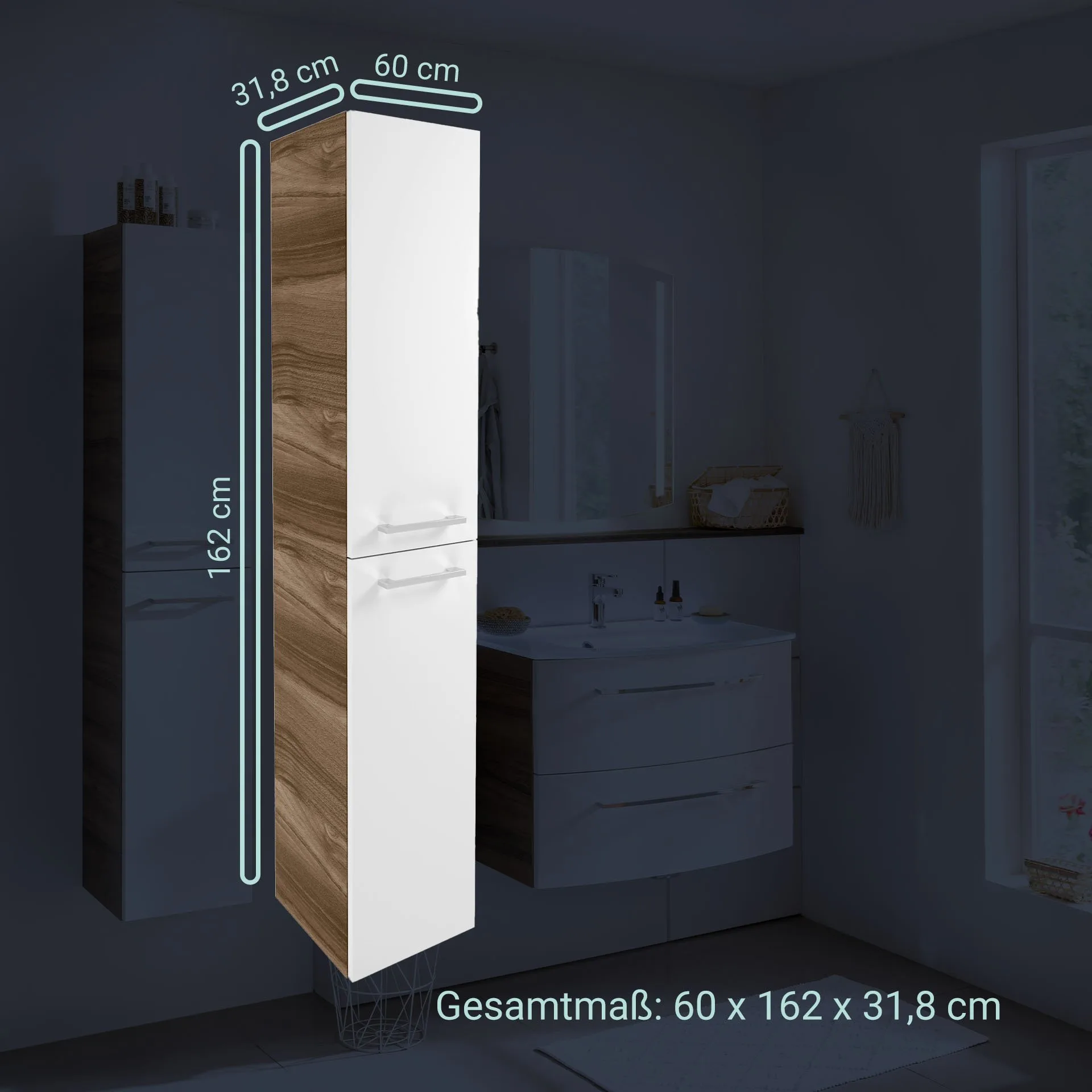FACKELMANN VERONA Hochschrank 30 cm breit, Weiß Hochglanz/Braun Dunkel, Türanschlag links