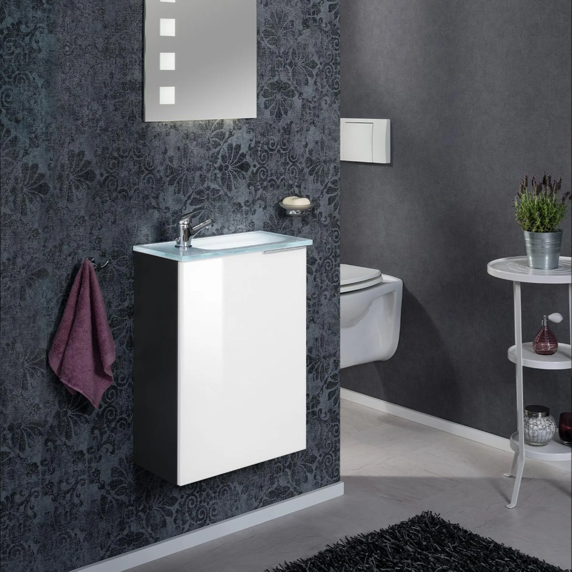 FACKELMANN SBC KARA Gäste WC Waschtisch Set 45 cm breit, Weiß/Anthrazit, Waschbecken Glas Weiß, Türanschlag links + Waschbeckenbeleuchtung