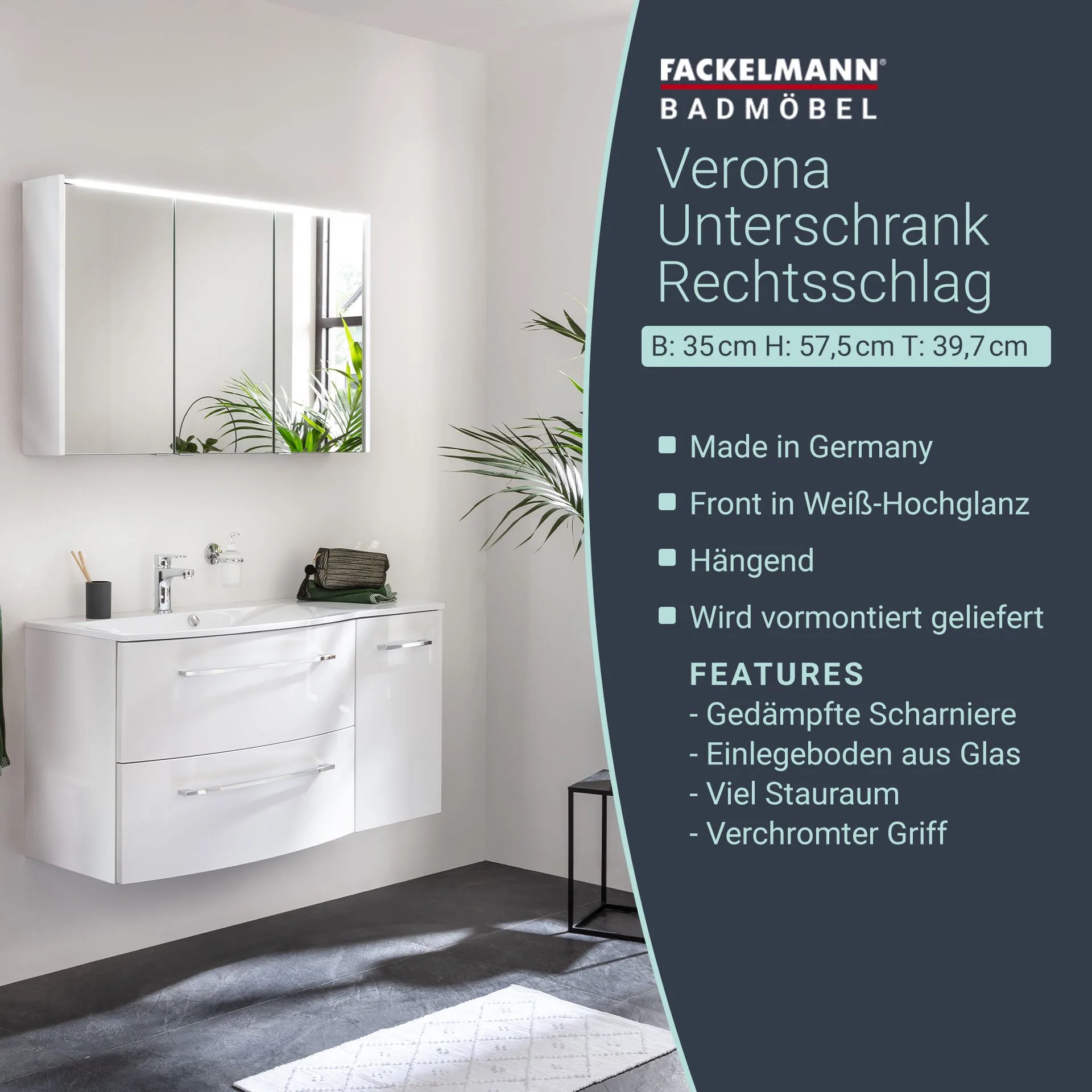 FACKELMANN VERONA Unterschrank 35 cm breit, Weiß Hochglanz, Türanschlag rechts