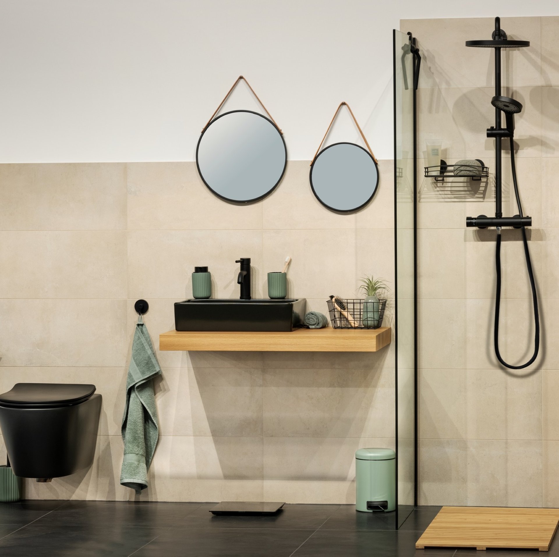 WENKO BORRONE Badspiegel Ø 30 cm, Schwarz/Braun