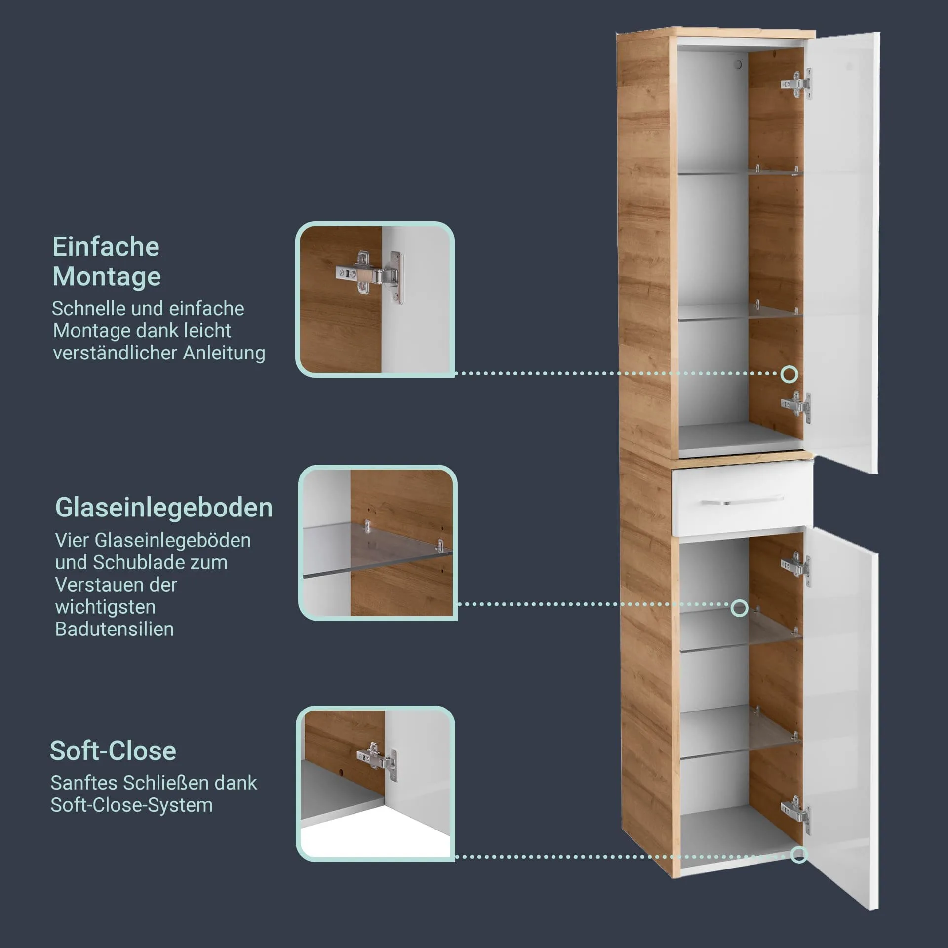 FACKELMANN MILANO Hochschrank 30 cm breit, Weiß/Braun hell