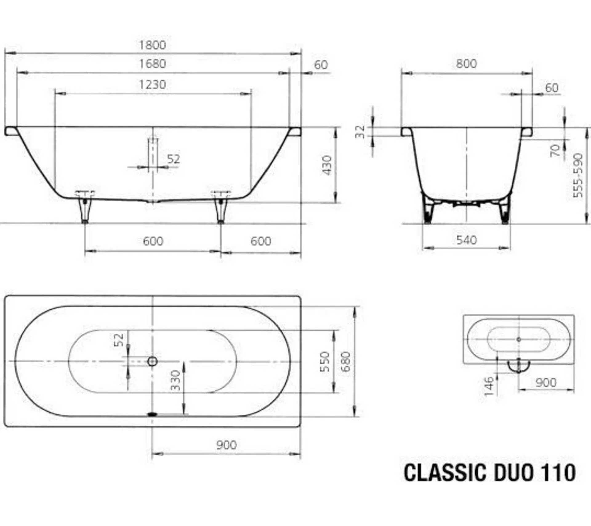 KALDEWEI CLASSIC DUO Badewanne 180 cm breit, Weiß, Mod. 110