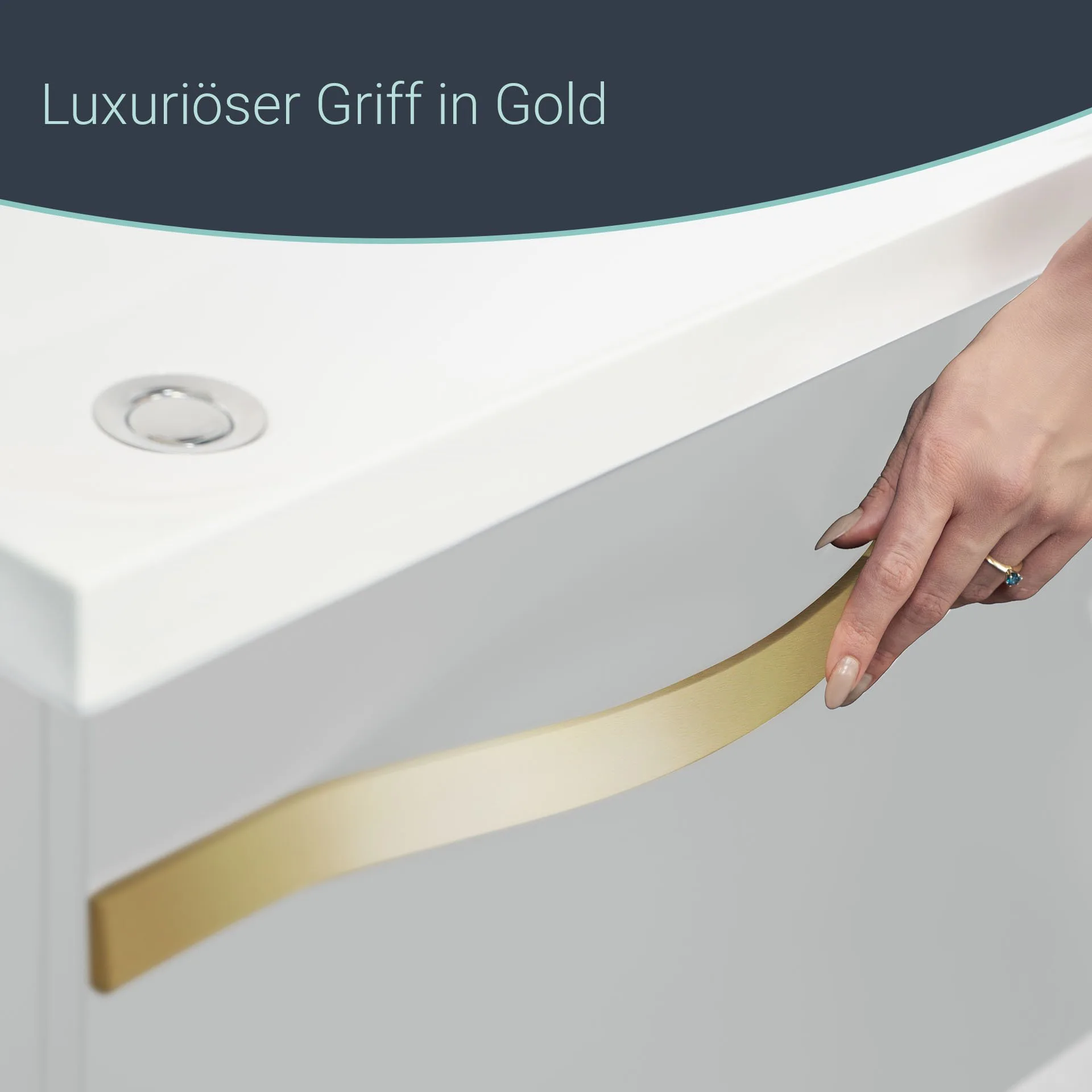 BADEDU FILS Waschbecken mit Unterschrank 69 cm breit, Weiß, Waschbecken Gussmarmor Weiß, Griff Gold